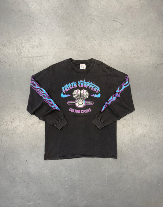00'S FRISCO CHOPPERS CUSTOM CYCLES PURPLE/BLUE FLAME LS SAN FRANCISCO CALIFORNIA TEE (HANES HEAVYWEIGHT TAG)