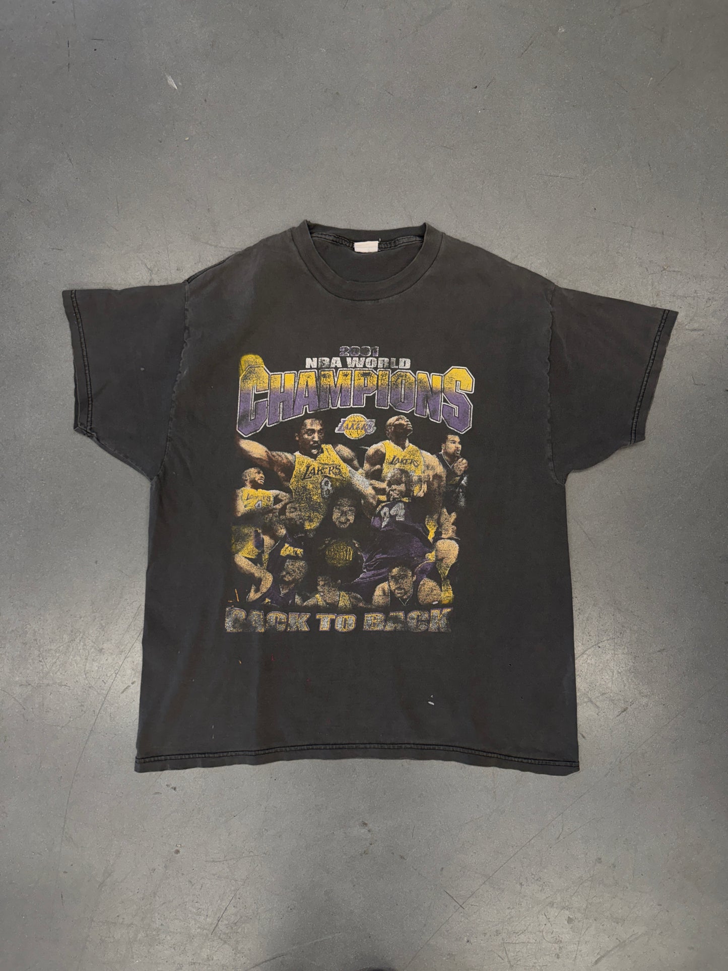 2001 LOS ANGELES LAKERS NBA WORLD CHAMPIONS BACK TO BACK "THE RICHEST HISTORY" TEE (FADED TAG)