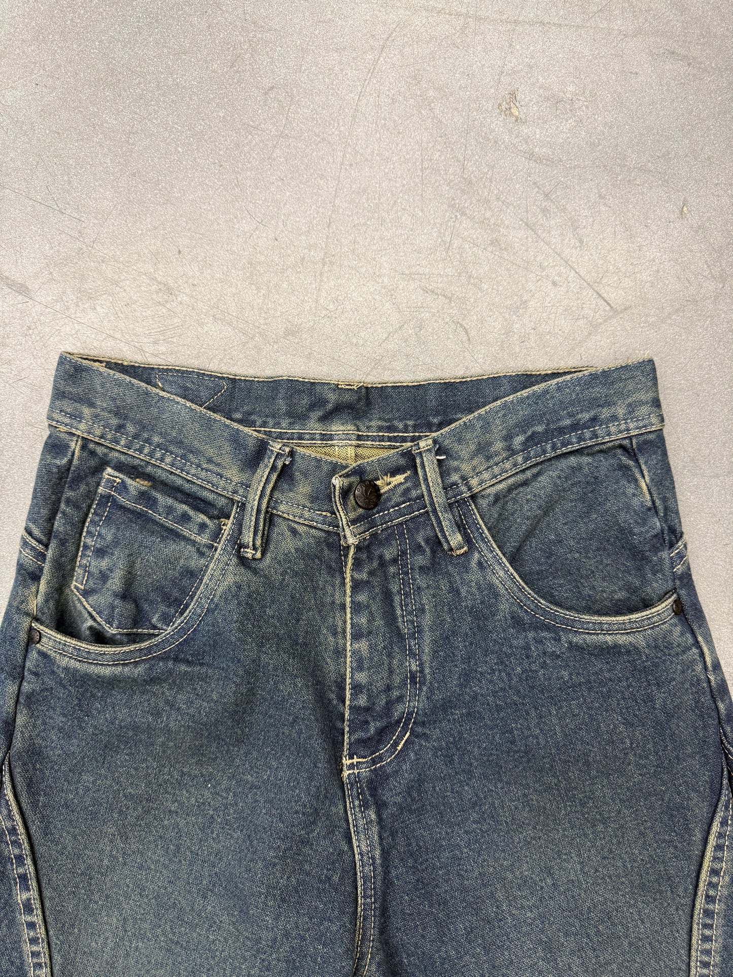 Y2K CANNABIS BARREL LEG INVERTED POCKET BAGGY JEANS