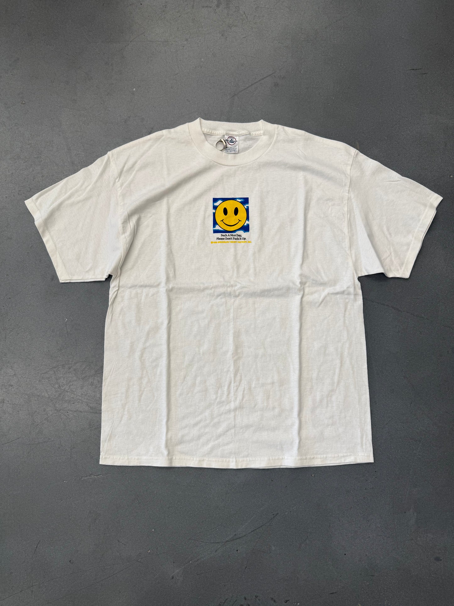 1999 "SUCH A NICE DAY, PLEASE DON'T FUCK IT UP." SMILEY FACE TEE (DELTA TAG)