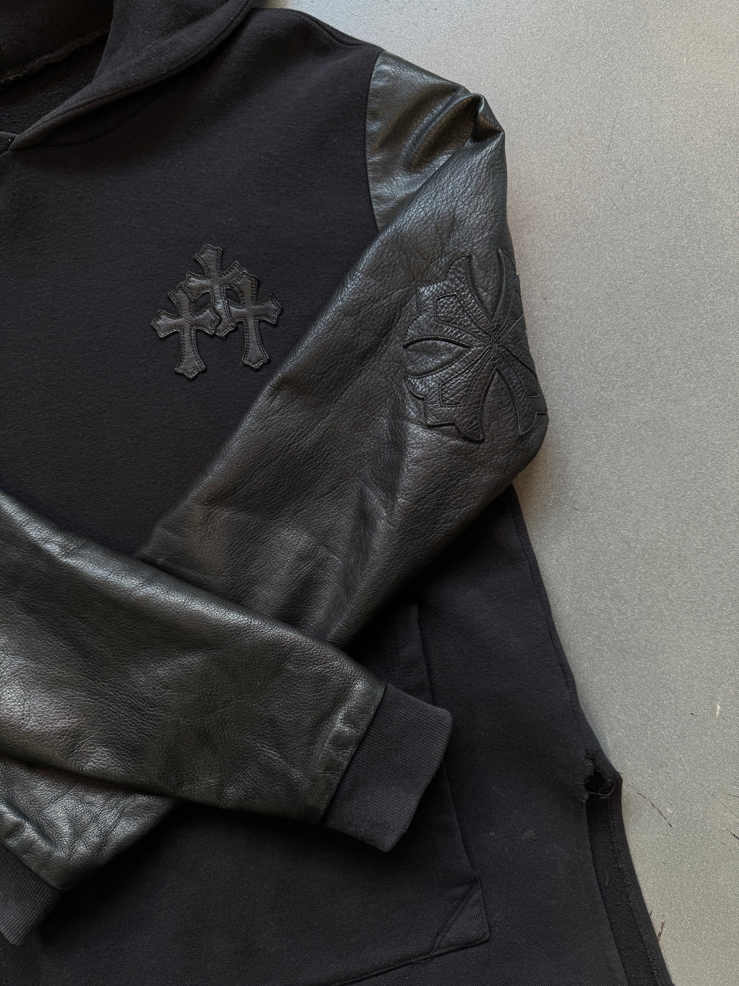 CHROME HEARTS LEATHER SLEEVE Y NOT HOODIE - BLACK (S)