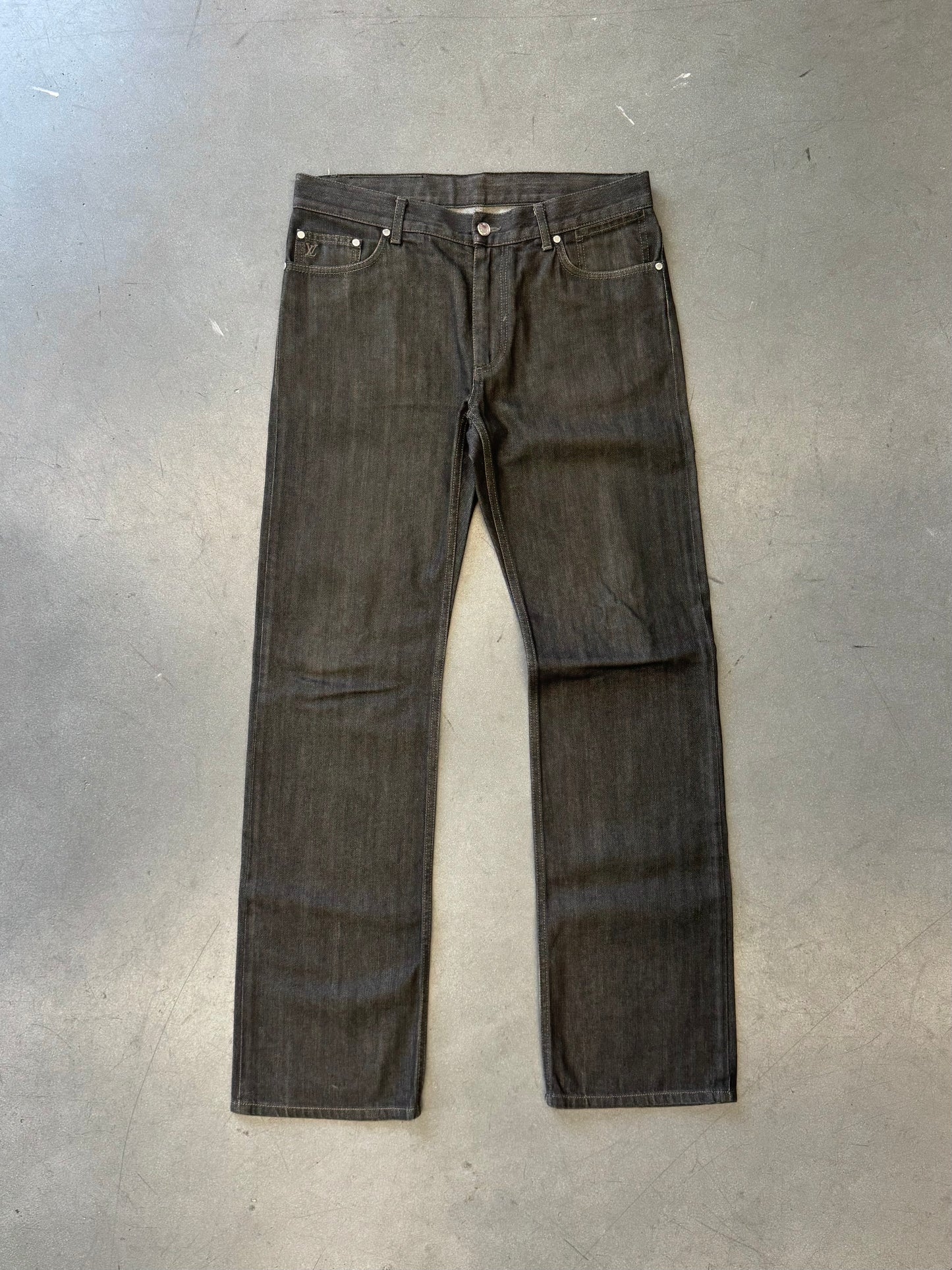 LOUIS VUITTON DARK RINSE FLEUR LOGO JEANS