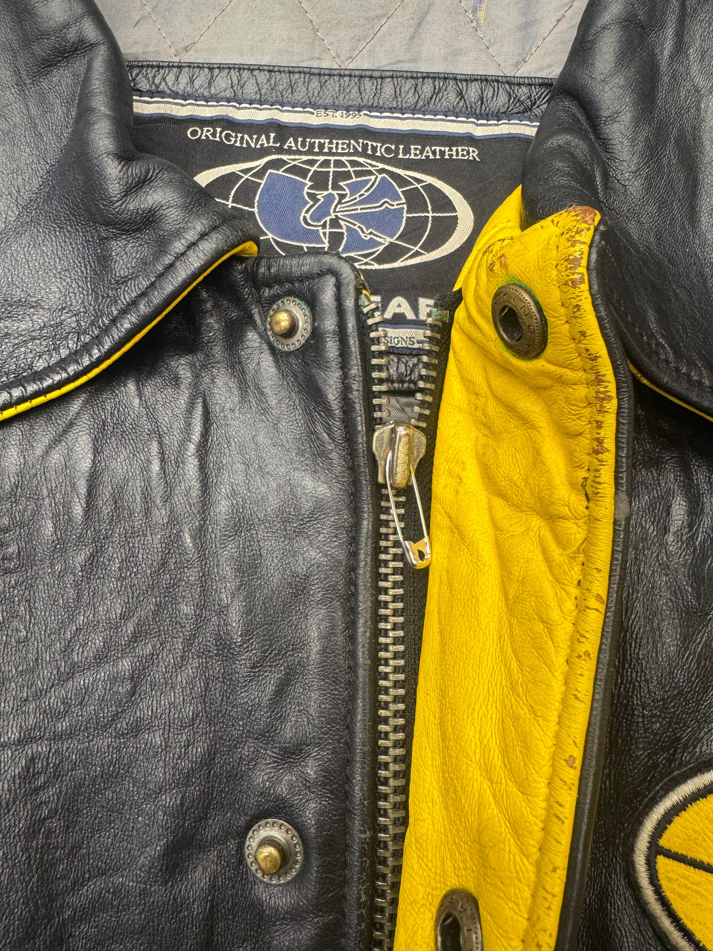 90S WU-TANG WU WEAR KILLAH BEEZ LEATHER VARSITY JACKET - BLACK/YELLOW