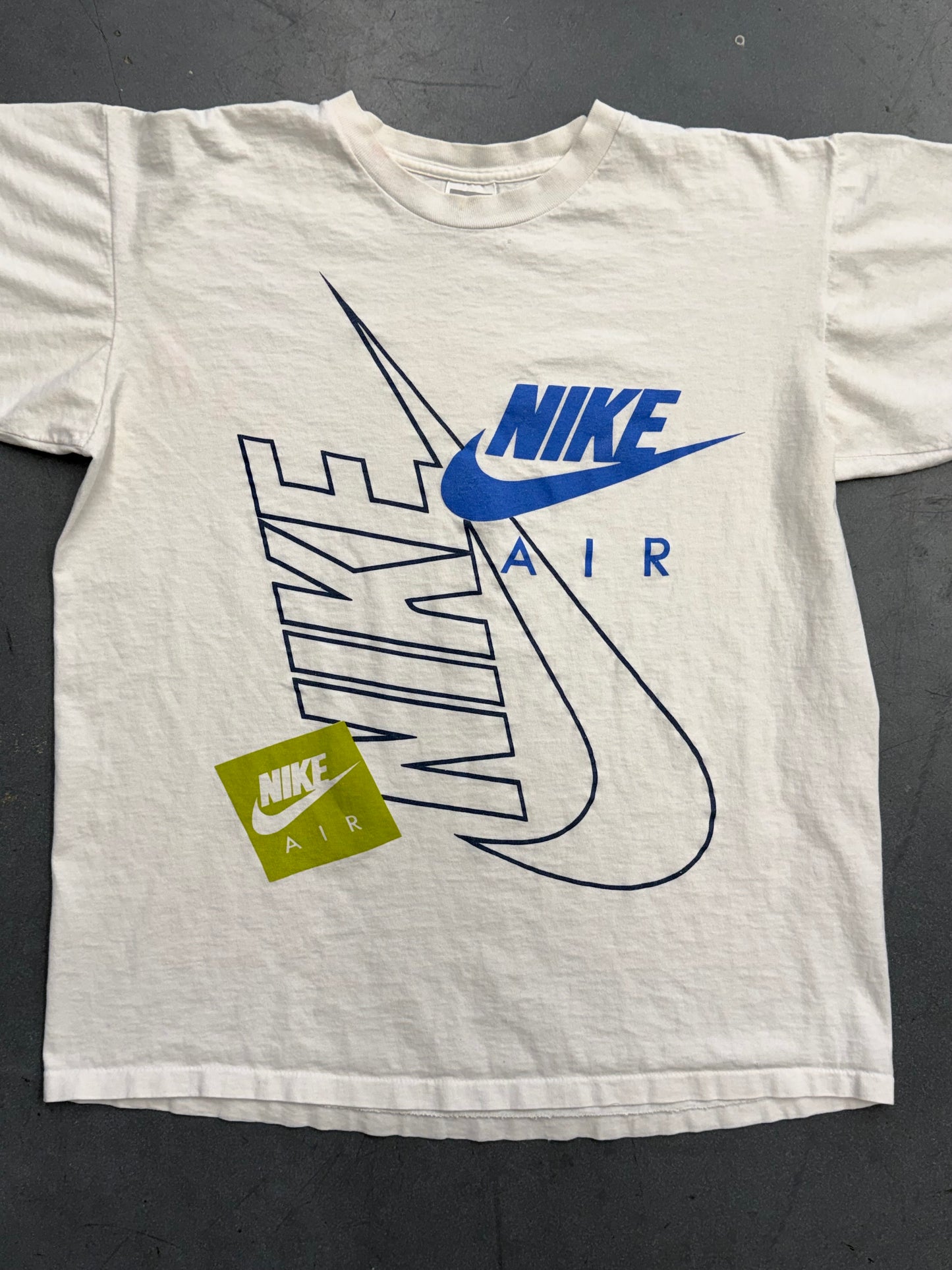 90S NIKE AIR LIGHT BLUE + GREEN MULTI LOGO TEE (GREY/RED/WHITE TAG)