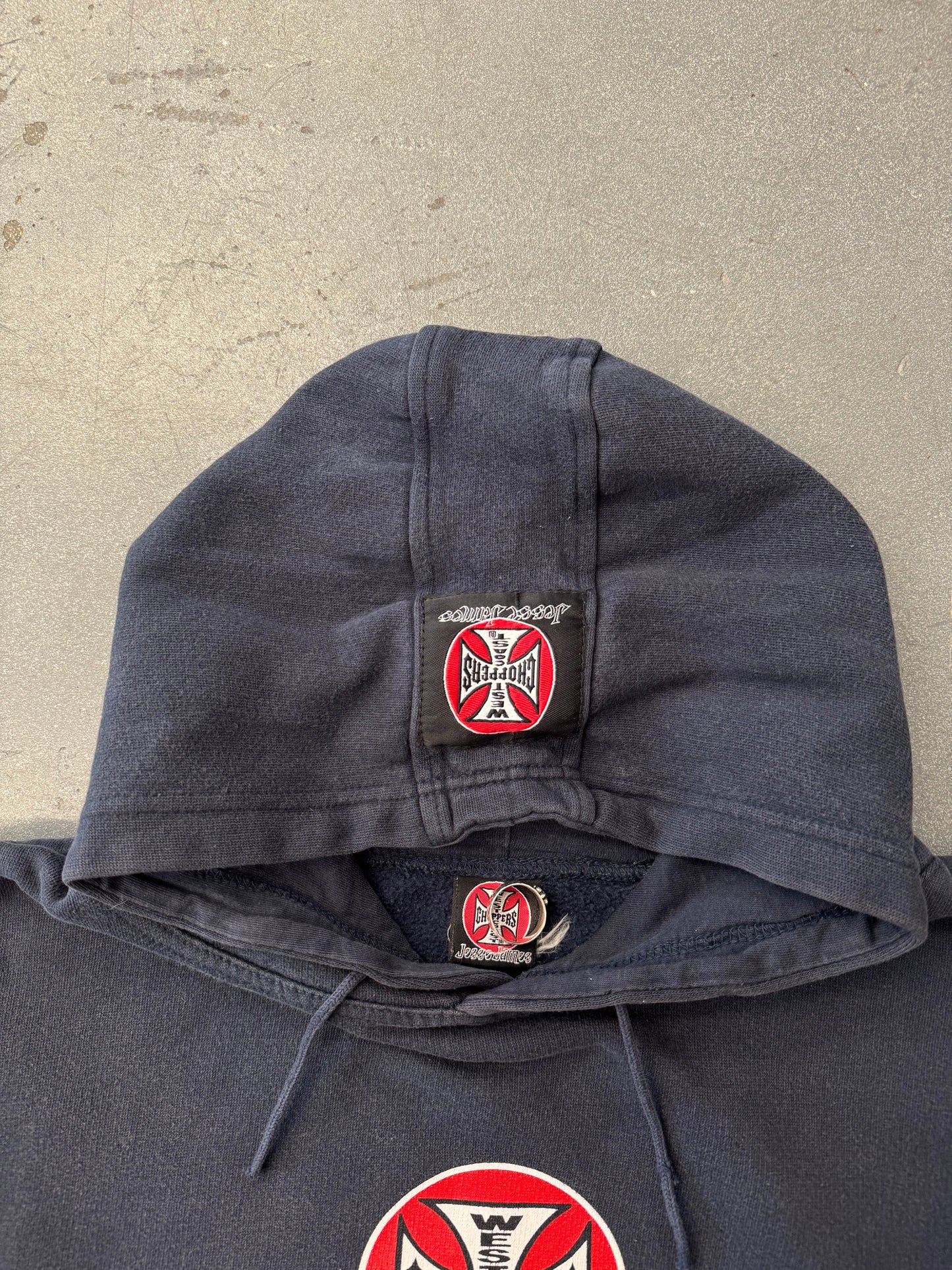 90S WEST COAST CHOPPERS LONG BEACH IRON CROSS CIRCLE LOGO PULLOVER HOODIE (IRON CROSS CIRCLE TAG)