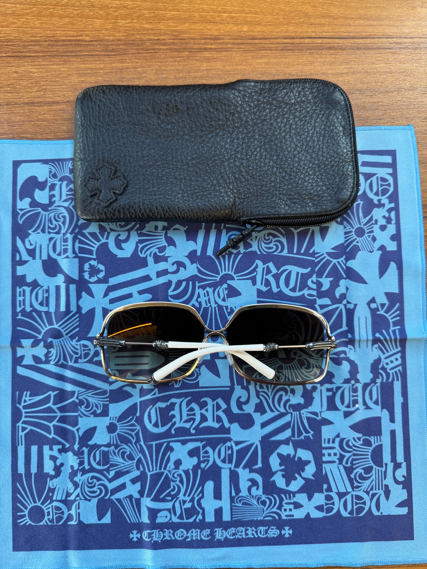 CHROME HEARTS BUTTFLUX SUNGLASSES (SILVER + LEATHER HANDLES)