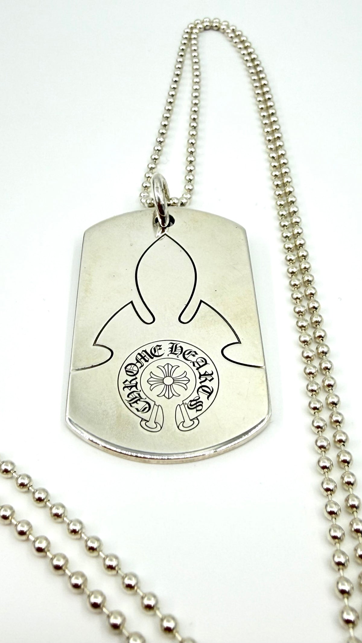 CHROME HEARTS FLEUR SILVER DOG TAG WITH 30 INCH SILVER BALL CHAIN