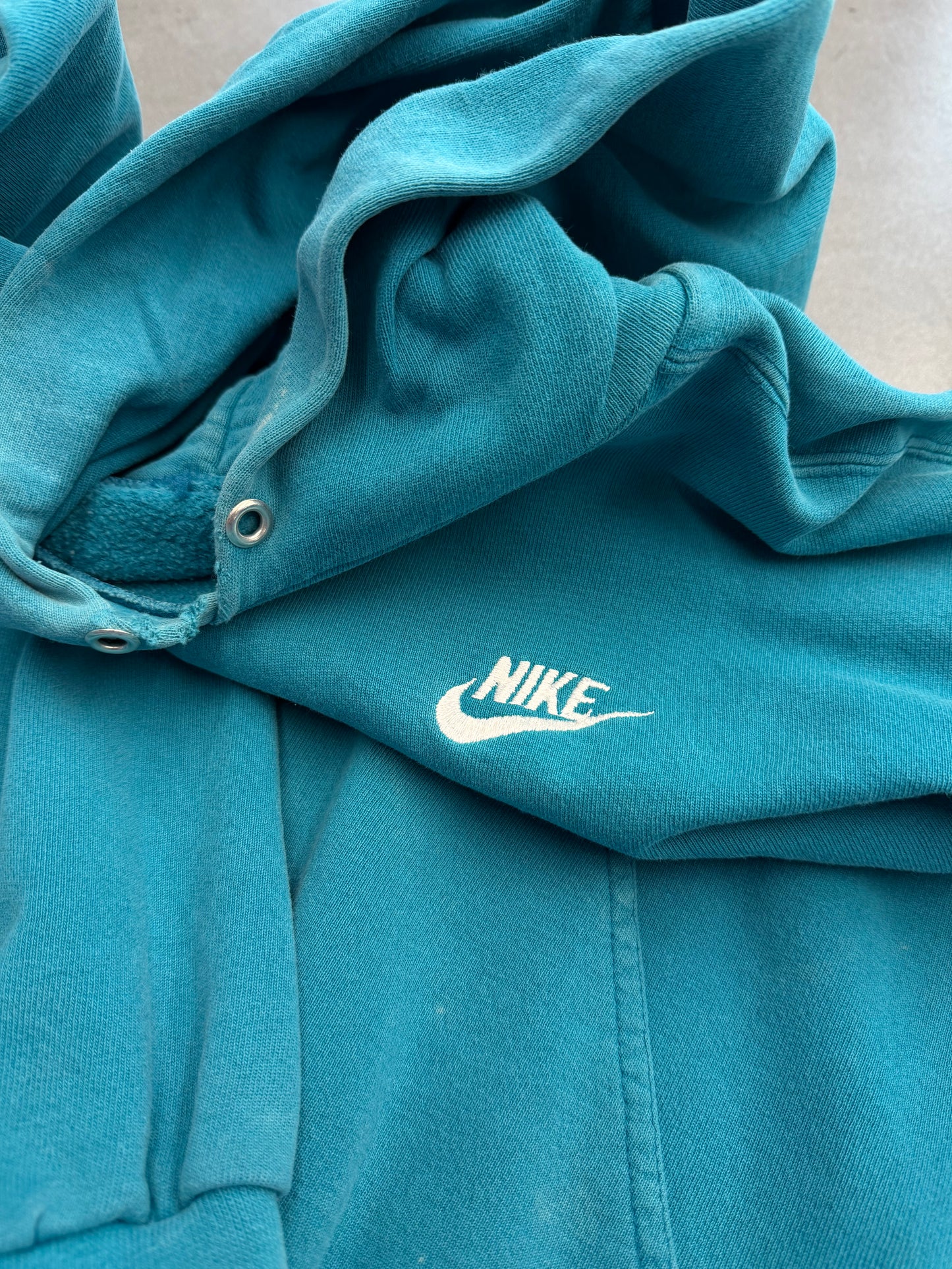 90'S NIKE SPELLOUT SWOOSH PULLOVER HOODIE (PULLED TAG) - TEAL