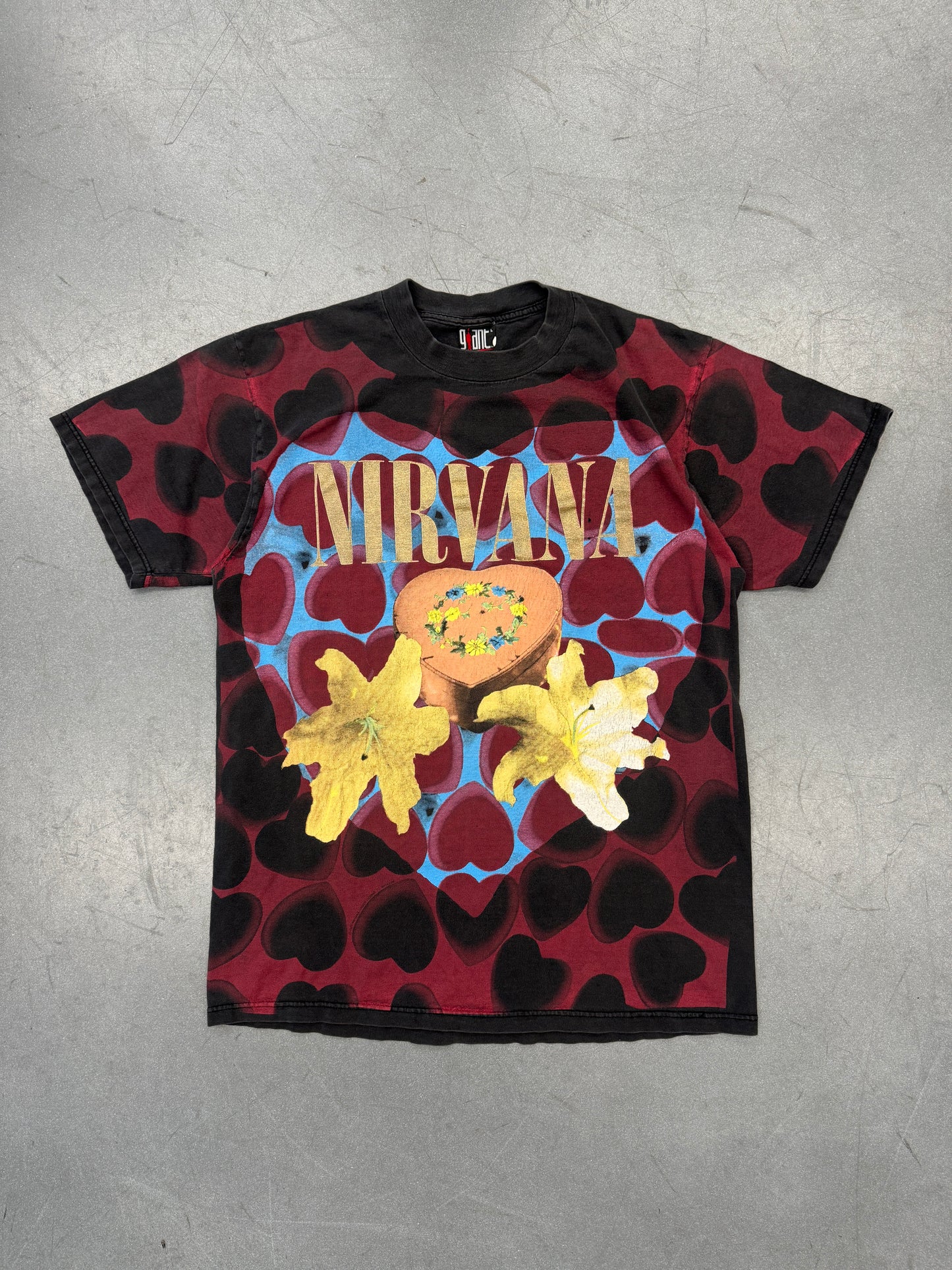 1993 NIRVANA HEART SHAPED BOX AOP FADED TEE (GIANT BY TULTEX TAG)