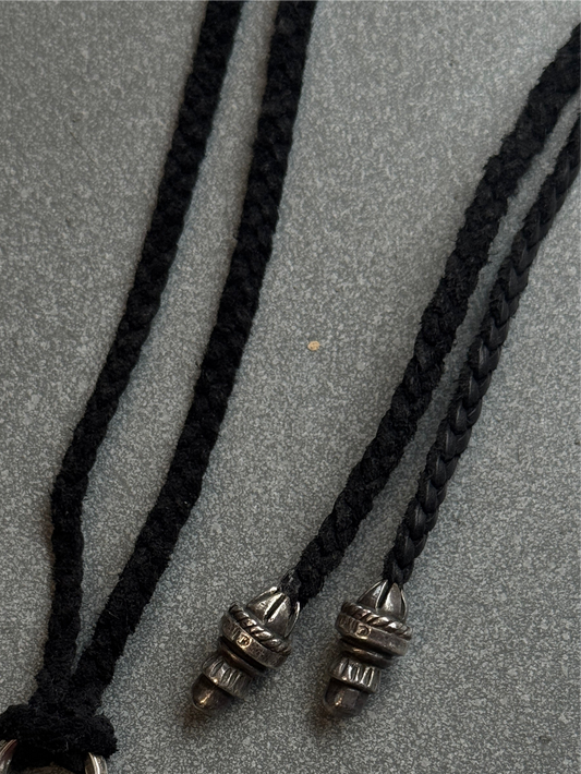 VINTAGE CHROME HEARTS LEATHER BRAID BOLLO TIE NECKLACE + SILVER TIPS