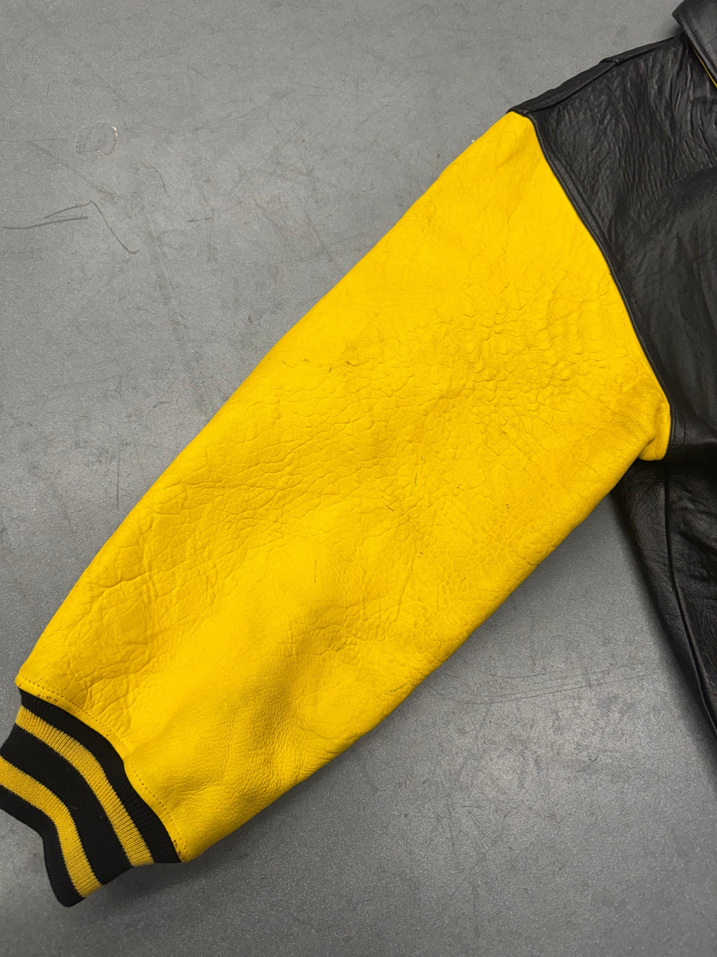 90S WU-TANG WU WEAR KILLAH BEEZ LEATHER VARSITY JACKET - BLACK/YELLOW