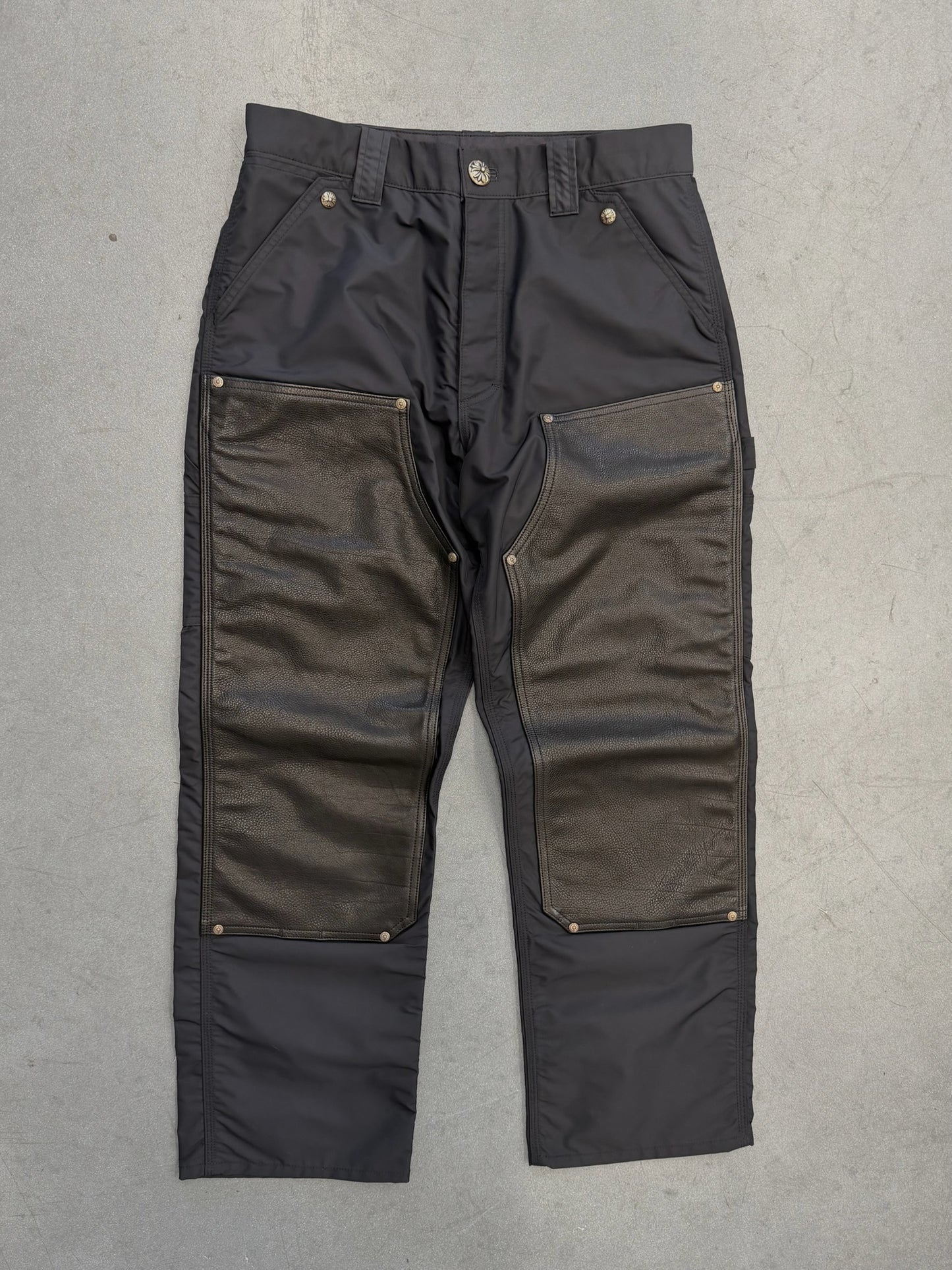 CHROME HEARTS NYLON LEATHER DOUBLE KNEE WIDE CARPENTER PANT - BLACK