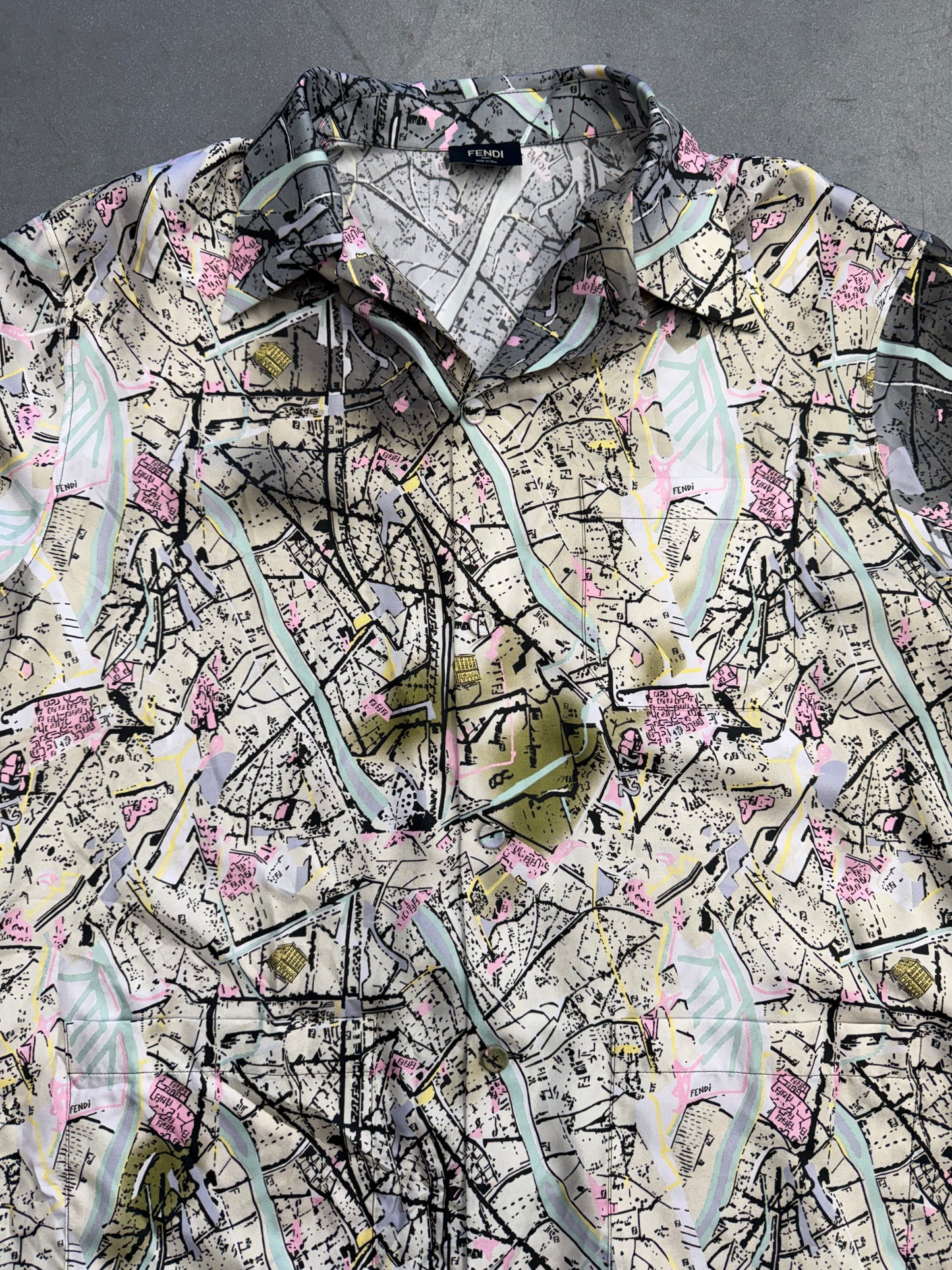 FENDI MAP SILK BUTTON-UP LONG SLEEVE SHIRT