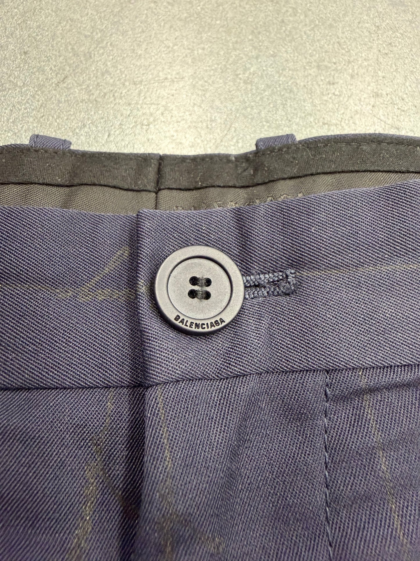 BALENCIAGA SMALL FIT BAGGY LOGO STRIPE TAILORED TROUSERS - NAVY