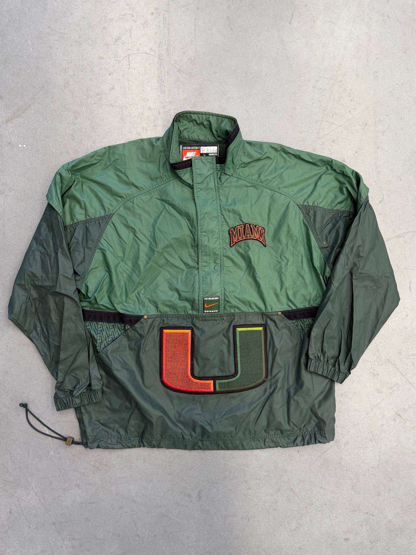 90S NIKE TEAM SPORTS UNIVERSITY OF MIAMI FOOTBALL HALF-ZIP WINDBREAKER JACKET