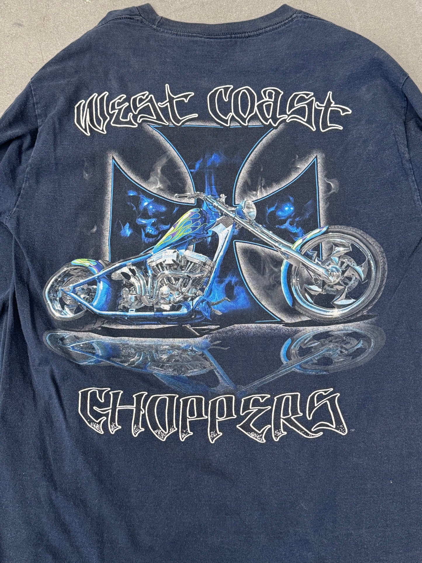 00'S WEST COAST CHOPPERS BLUE FLAME SKULL IRON CROSS LOGO "CHOPPERSF FOR LIFE" SPELLOIT LS TEE (TAG)