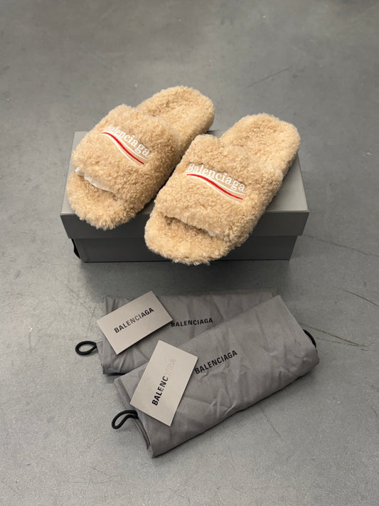 BALENCIAGA FLUFFY SLIDE SANDALS - BEIGE/WHITE/RED (W/BOX)
