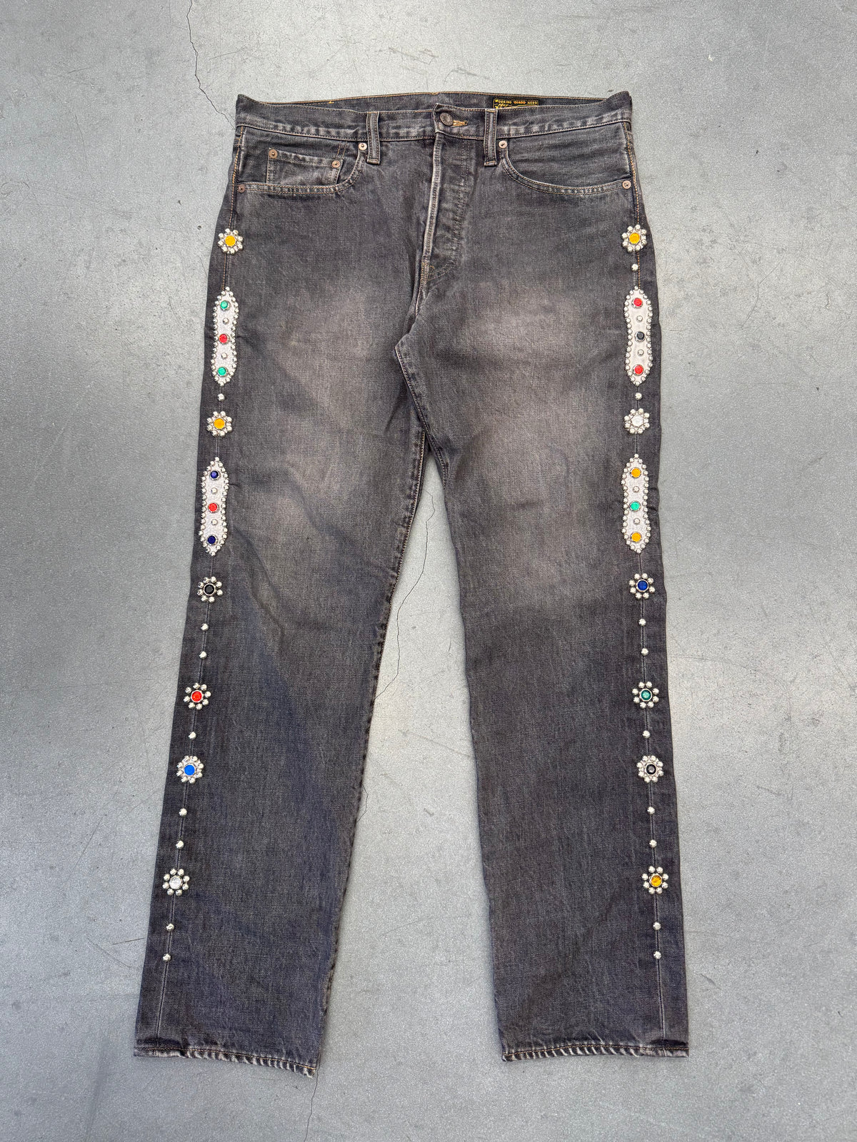 KAPITAL 14OZ DENIM 5P MONKEY CISCO GEMSTONE EMBELLISHED JEANS - BLACK