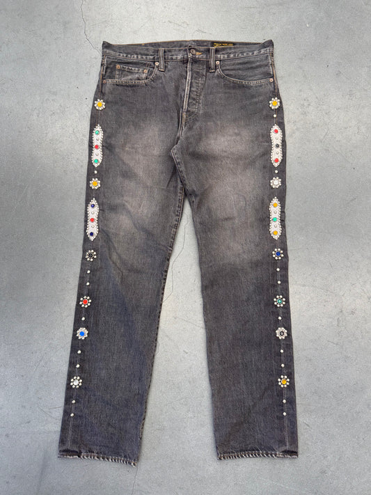 KAPITAL 14OZ DENIM 5P MONKEY CISCO GEMSTONE EMBELLISHED JEANS - BLACK