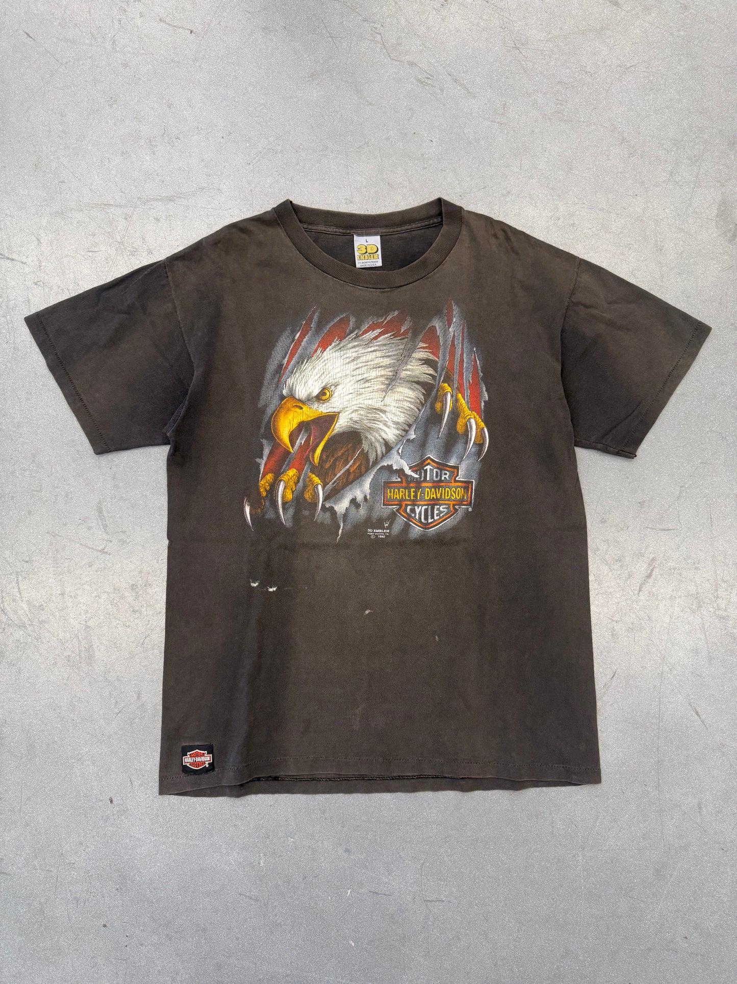 1990 HARLEY DAVIDSON MUNCIE, INDIANA EAGLE STRIKE TEE (3D EMBLEM TAG)