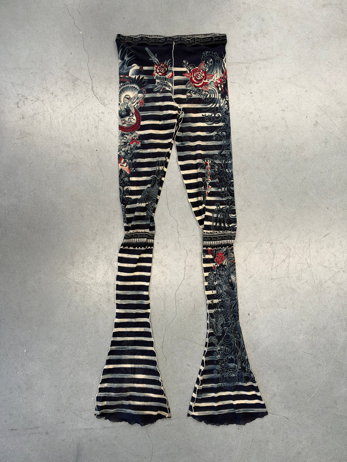 FW23 JEAN PAUL GAULTIER MARINIERE TATTOO FLARE PANTS - NAVY BLUE