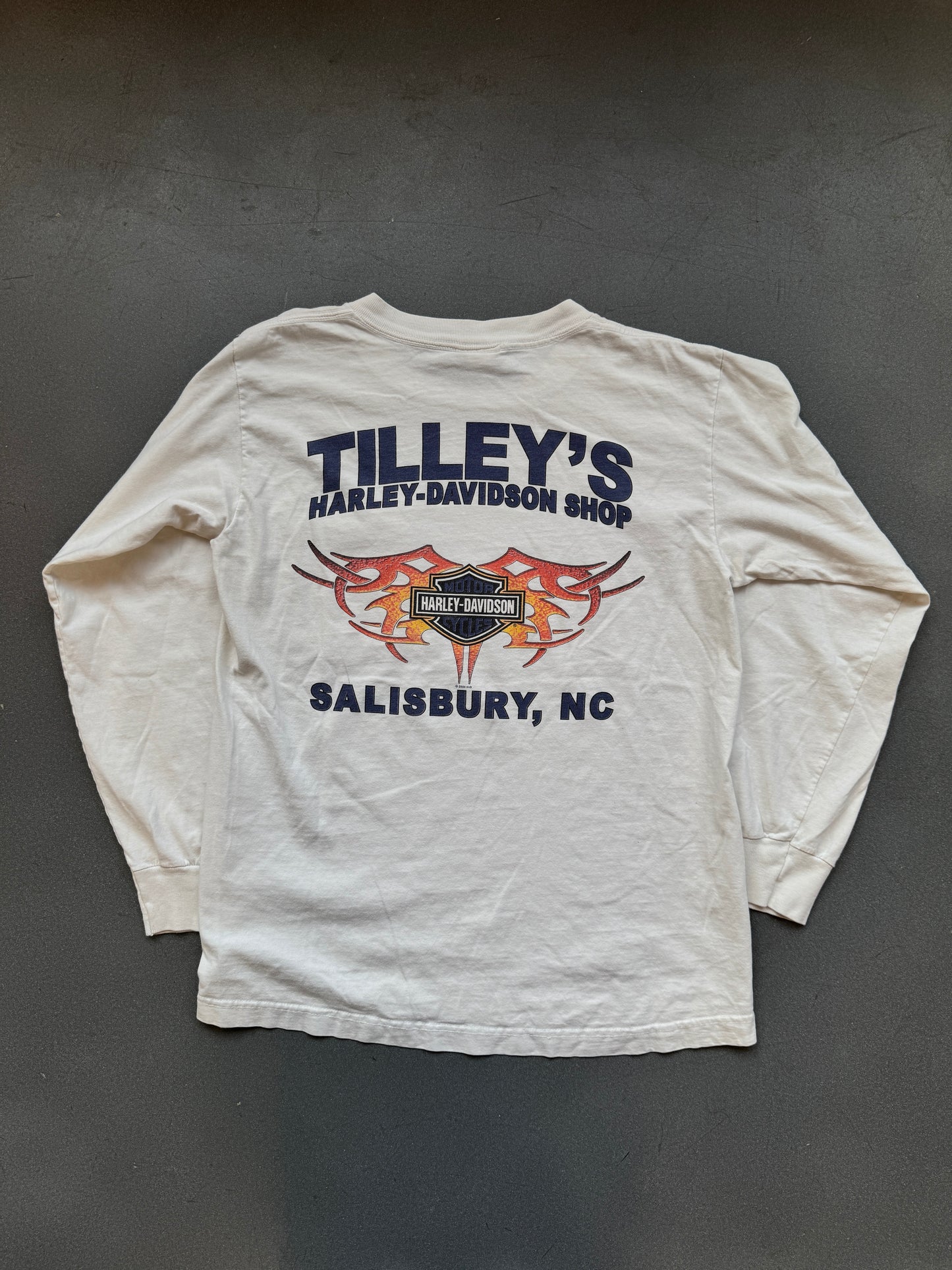 2004 HARLEY DAVIDSON "TILLEY'S HARLEY-DAVIDSON SHOP SALISBURY, NC" FLAME LS MULLET TEE (HARLEY DAVIDSON TAG)