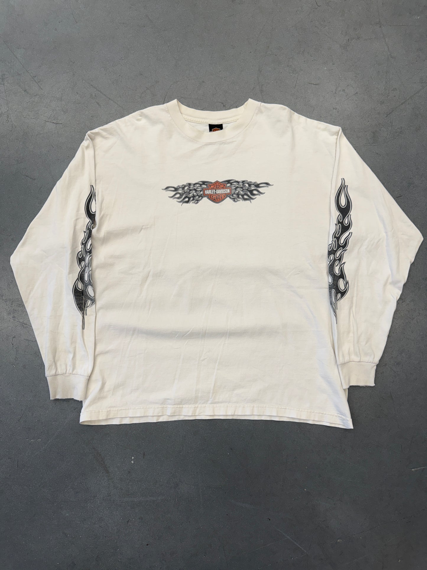 90S HARLEY-DAVIDSON FRANKLIN, TN COOL SPRINGS BIKER FLAME SLEEVE LS MULLET TEE