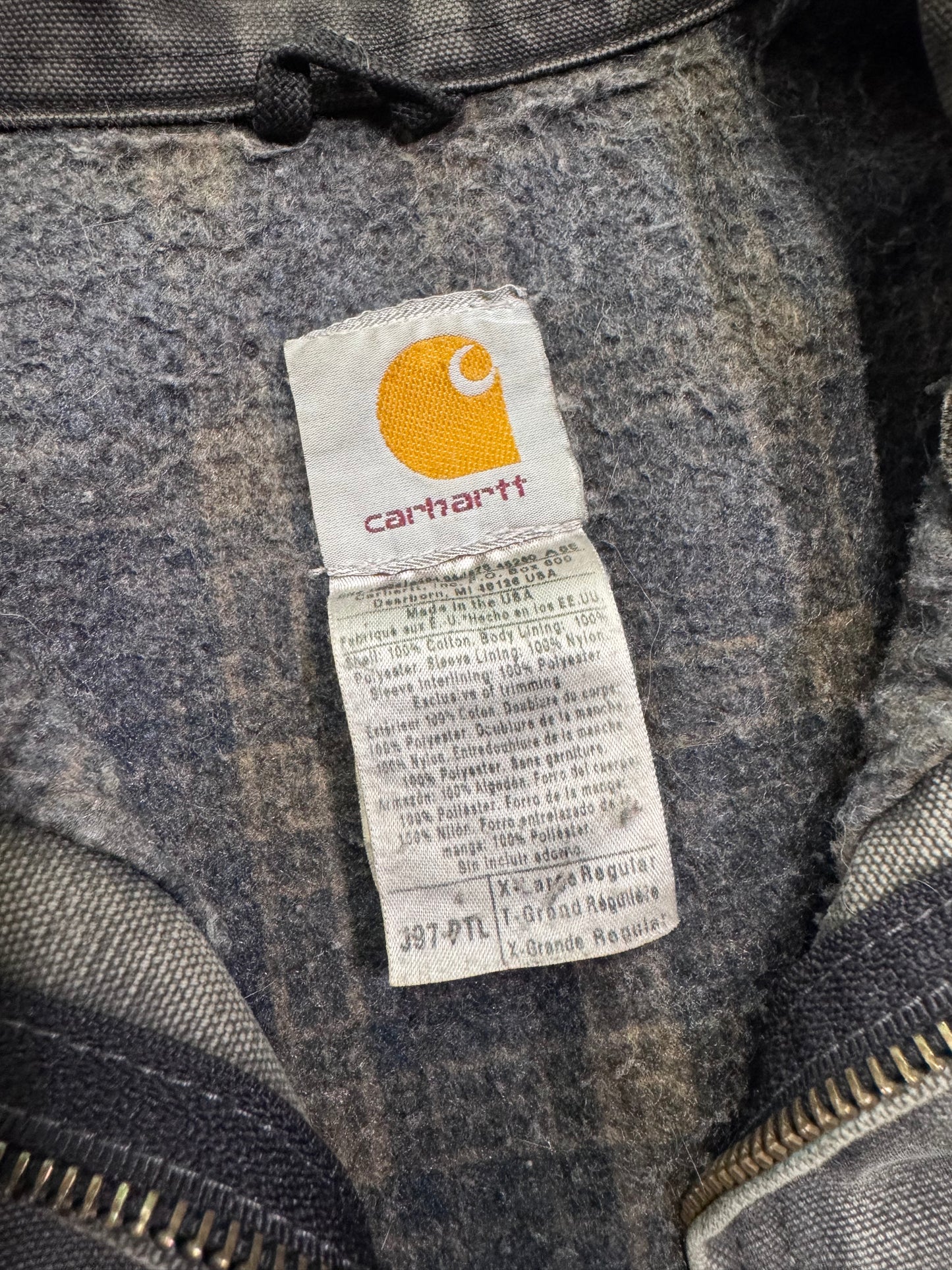 90'S CARHARTT FLANNEL-LINED CANVAS WORK JACKET BROKEN ZIPPER - FADED BLACK (J97PTL) (XL)