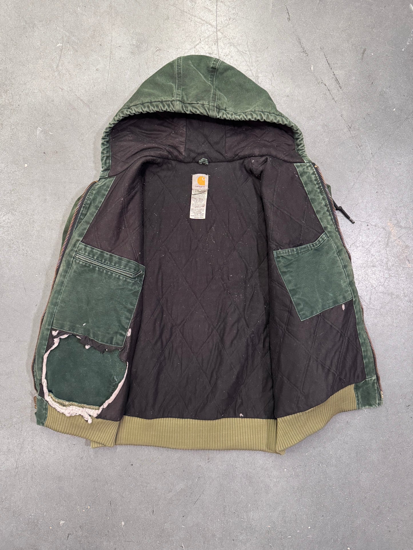 2000'S CARHARTT INSULATED CANVAS HOODIE - DARK GREEN (GREEN WAIST CUFF) (J130SPC L)