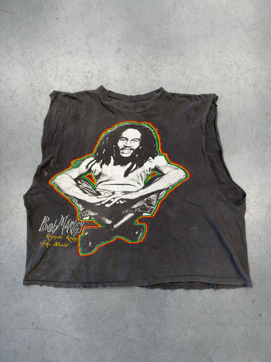90S BOB MARLEY REGGAE KING OF THE WORLD CUT-OFF FADED TEE (FADED TAG)