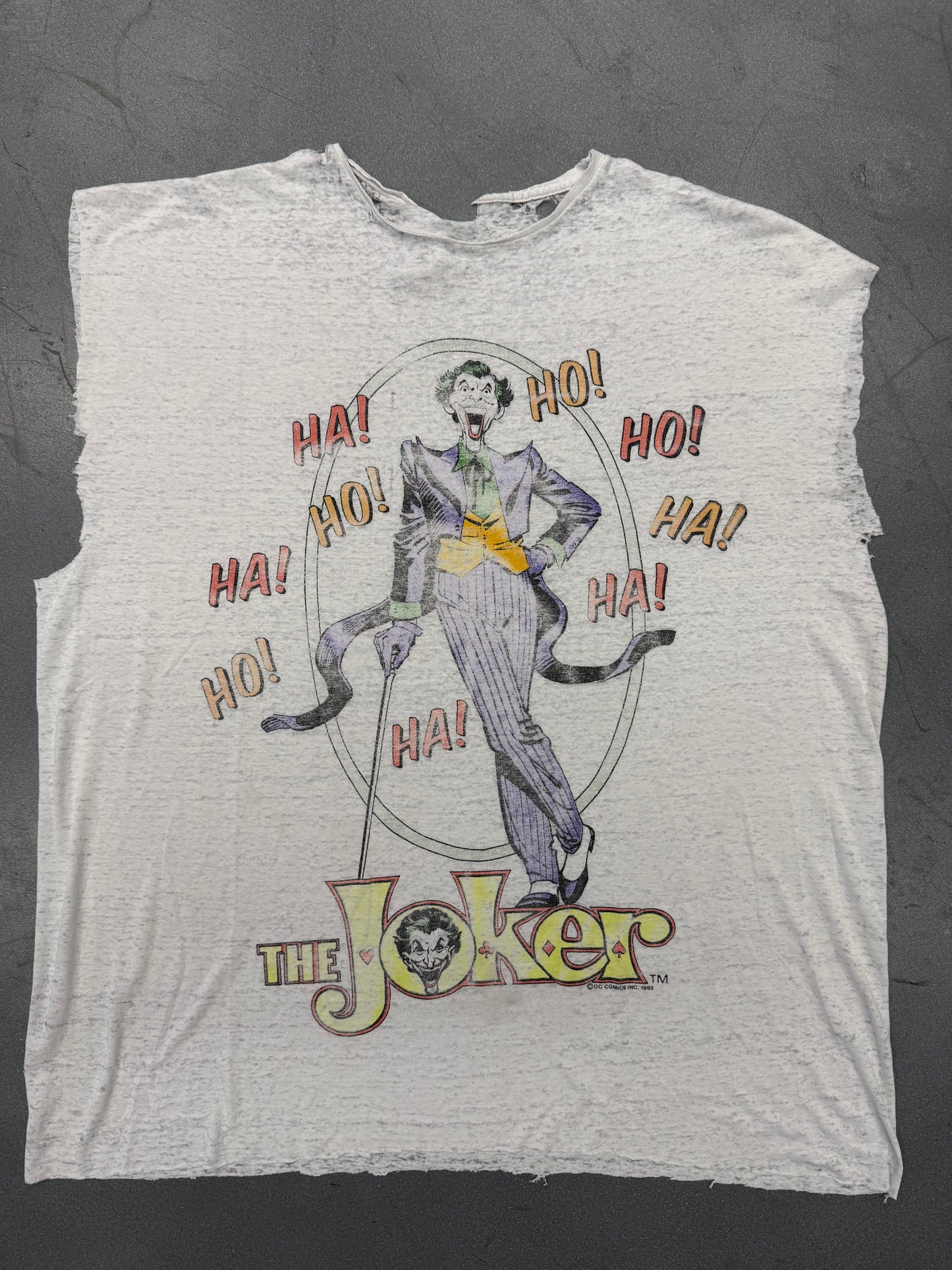 1982 THE JOKER DC COMICS HA! HO! THIN CUT-OFF TEE (PULLED TAG)