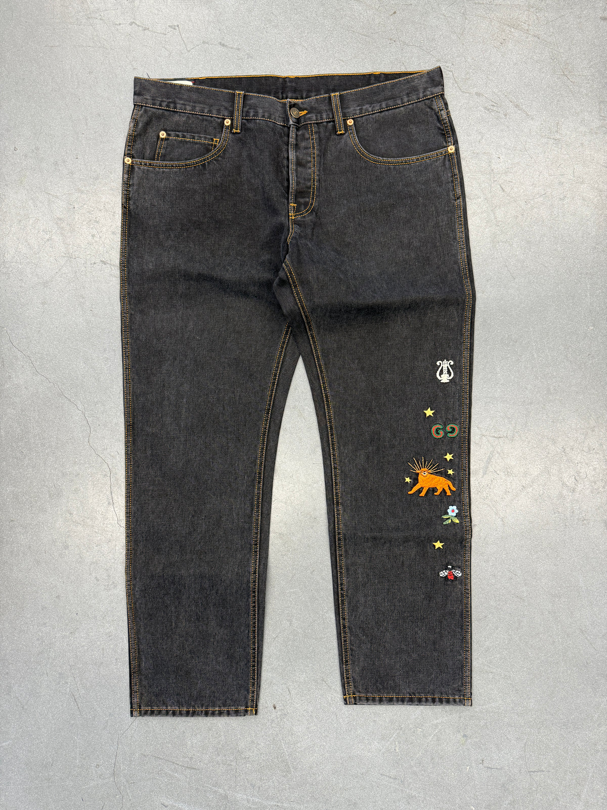 GUCCI MENS BLACK DENIM JEANS EMBROIDERED MOTIFS SIZE 40
