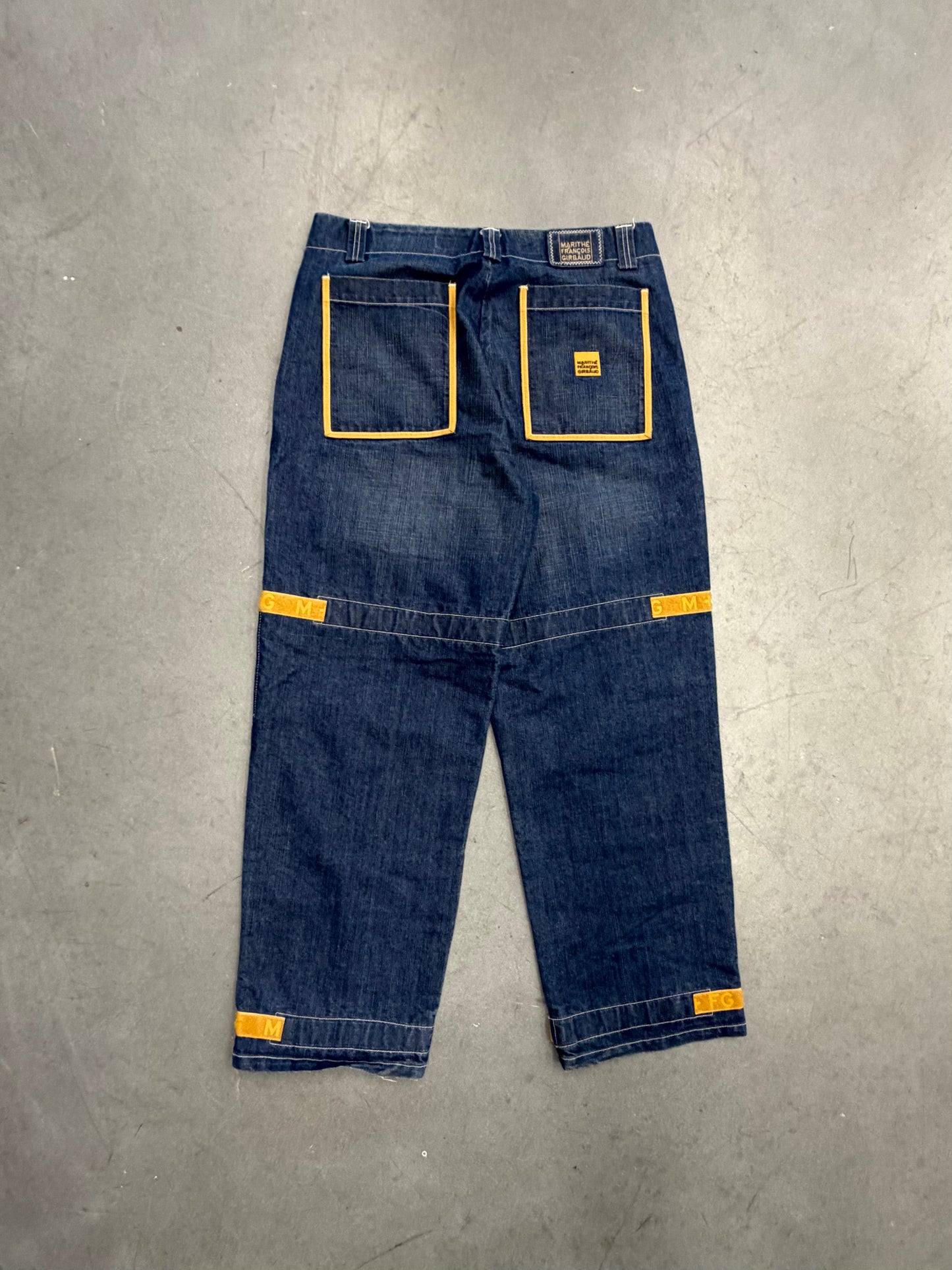 VINTAGE MARITHE FRANCOIS GIRBAUD SHUTTLE STRAP DENIM JEANS - MUSTARD STRAPS (38)