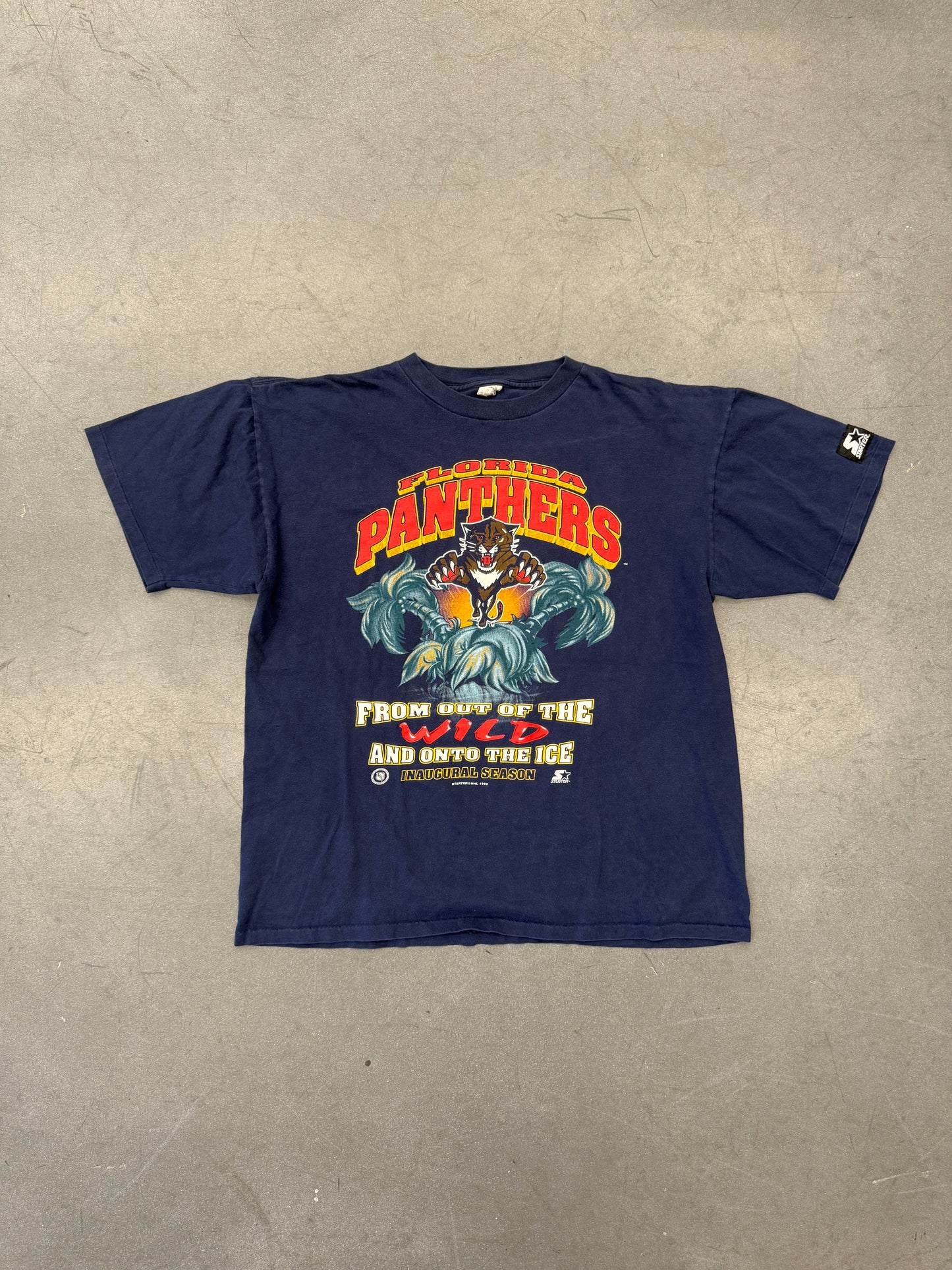 1993 FLORIDA PANTHERS FROM OUT OF THE WILD AND ONTO THE ICE INAUGURAL SEASON TEE (STARTER TAG)