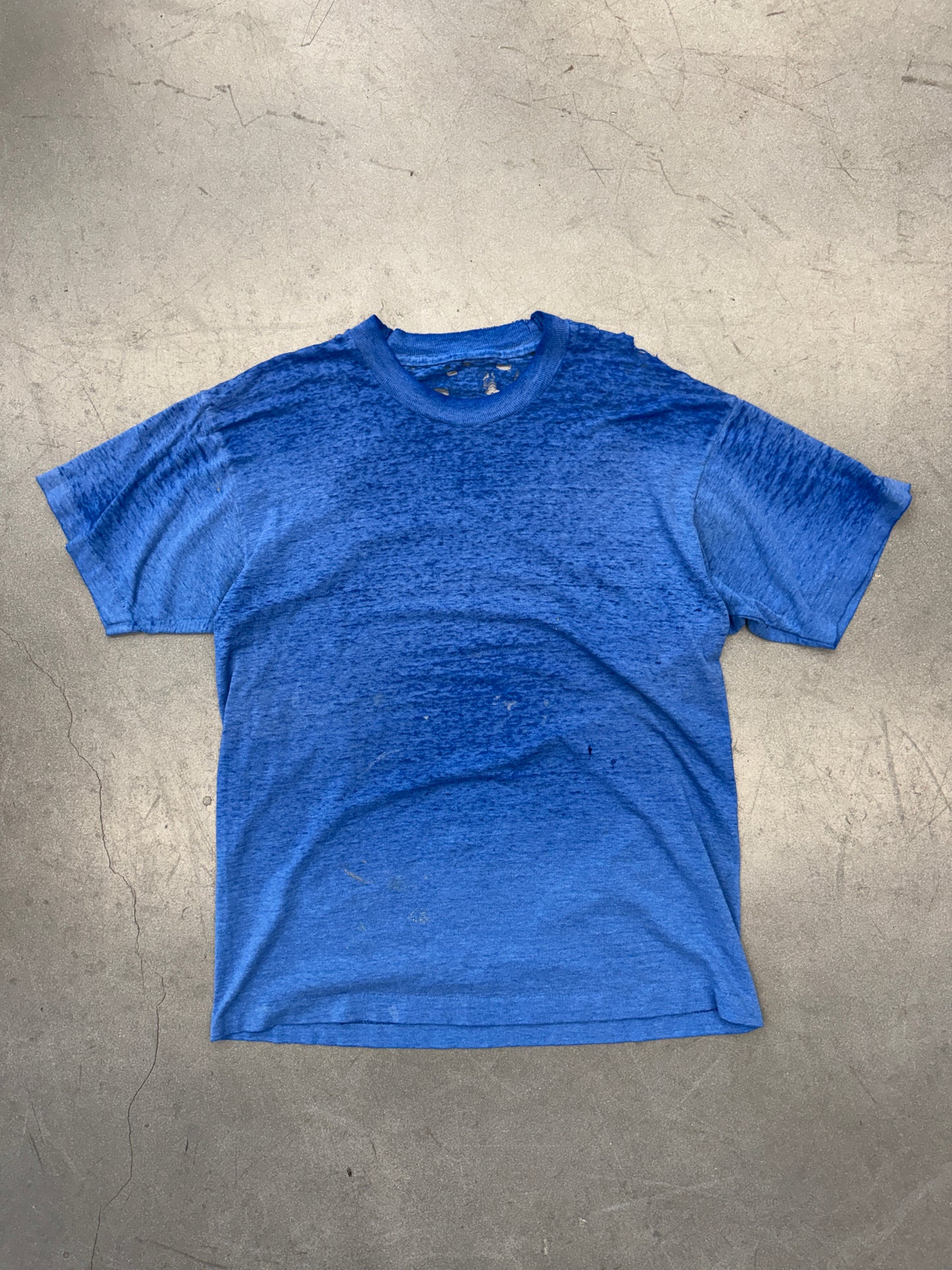 VINTAGE THRASHED THIN BLUE TEE WITH YELLOW LETTERS ON BACK (PULLED TAG)