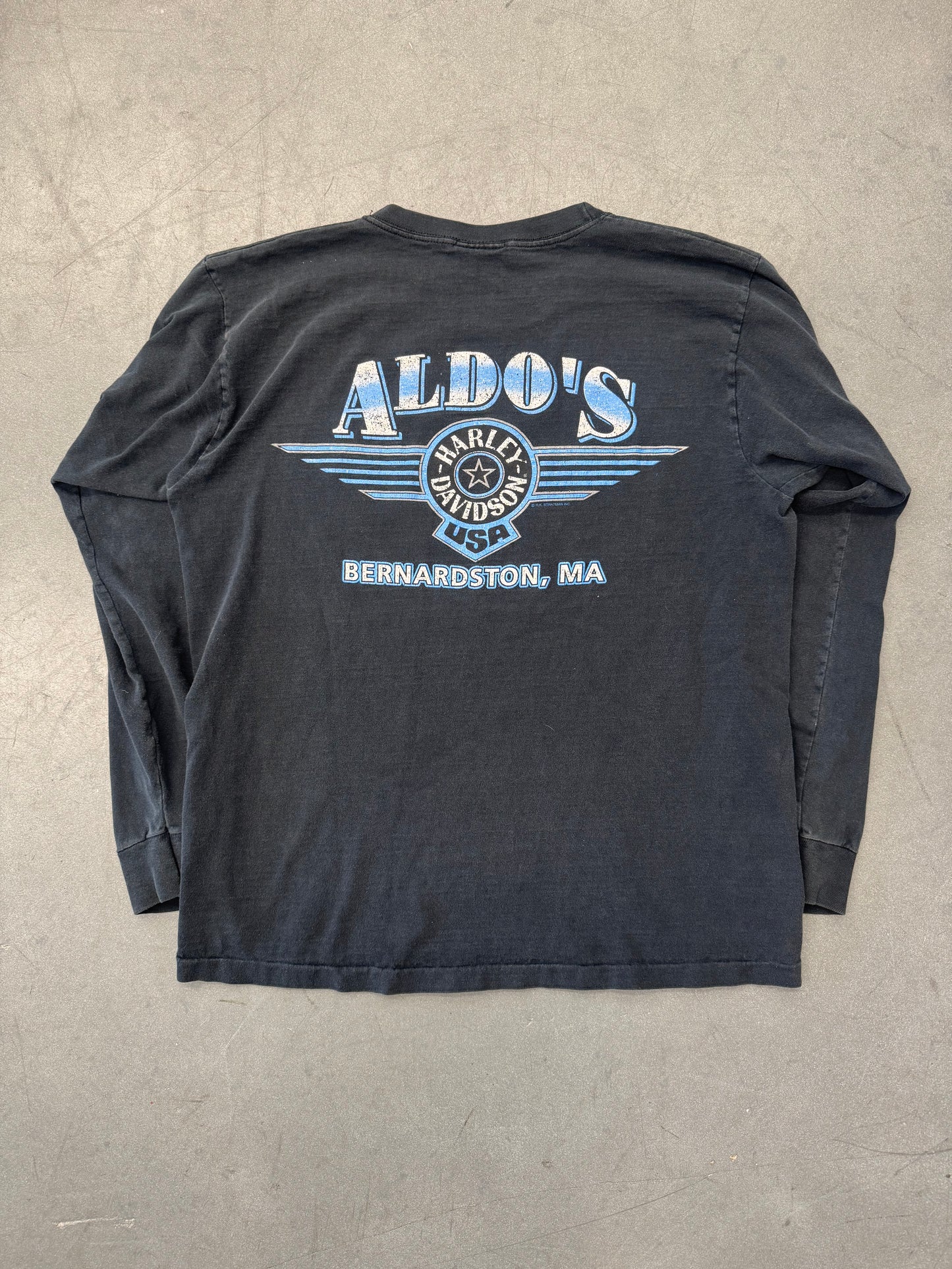 90S HARLEY-DAVIDSON ALDO'S BERNARDSTON, MA BLUE FLAME LONG SLEEVE TEE (HARLEY TAG)