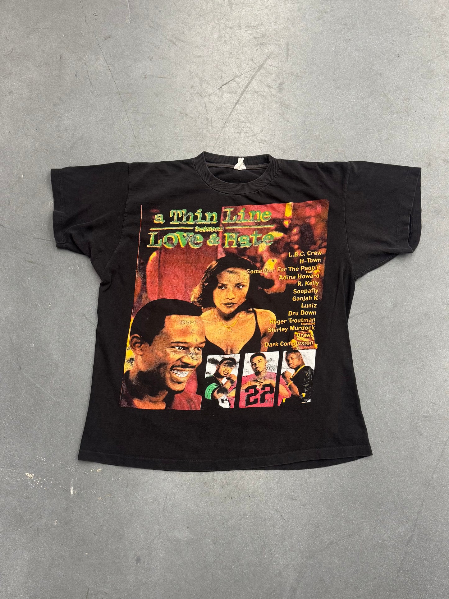 90S BOOTLEG "A THIN LINE BETWEEN LOVE & HATE" RAP-STYLE TEE (FADED TAG)