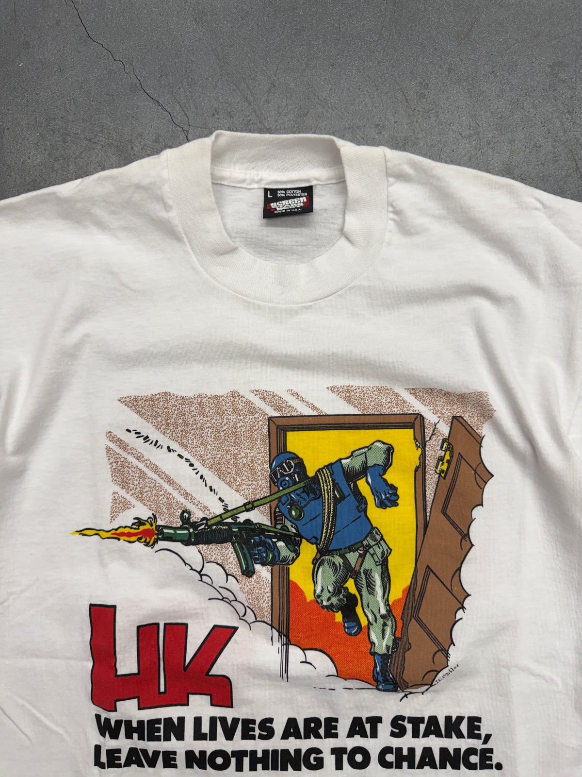 90S HECKLER & KOCH "WHEN LIVES ARE AT STAKE, LEAVE NOTHING TO CHANCE." TEE (SCREEN STARS BEST TAG)