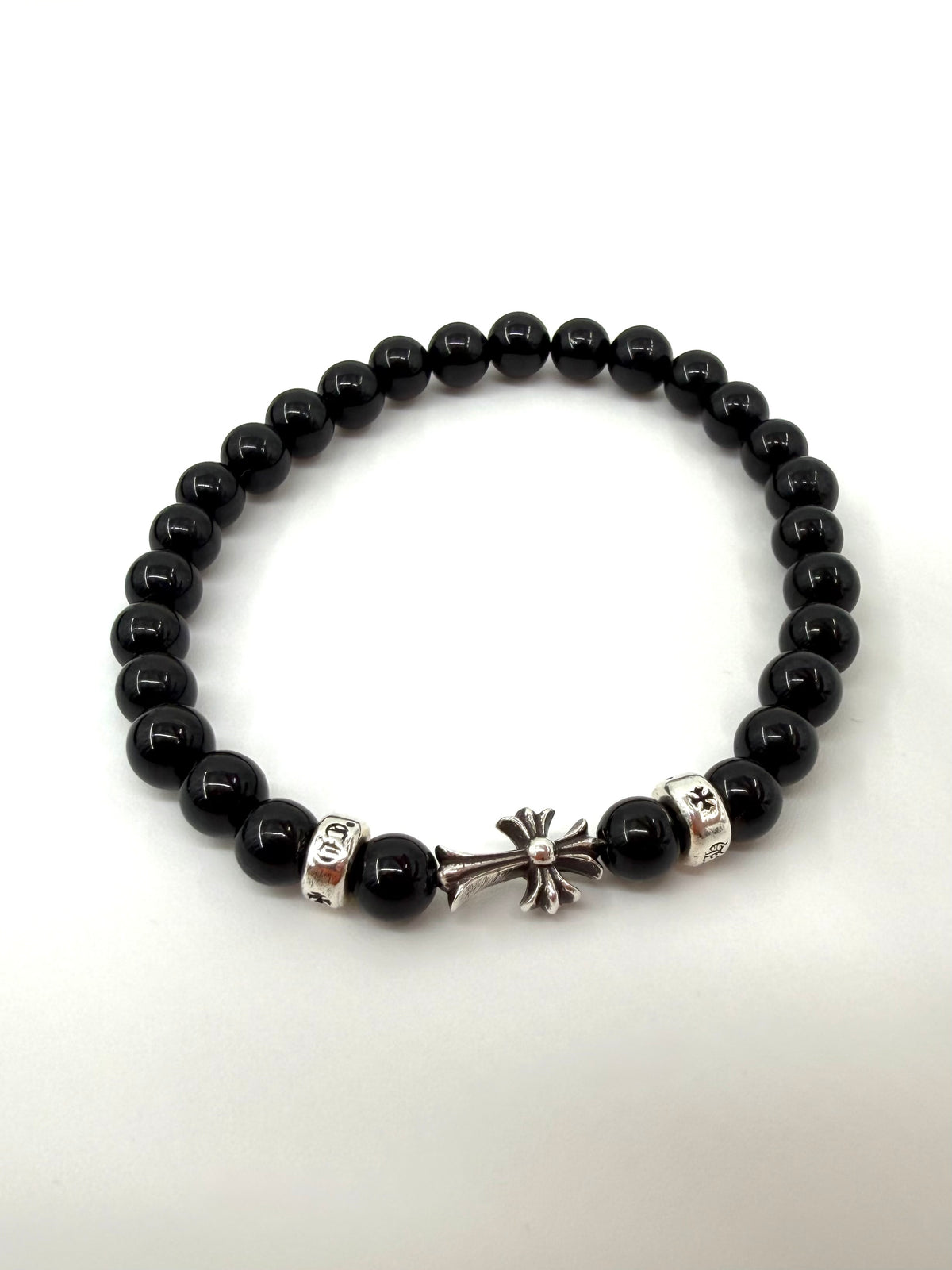 CHROME HEARTS 6MM BLACK BEADED SILVER CROSS BRACELET