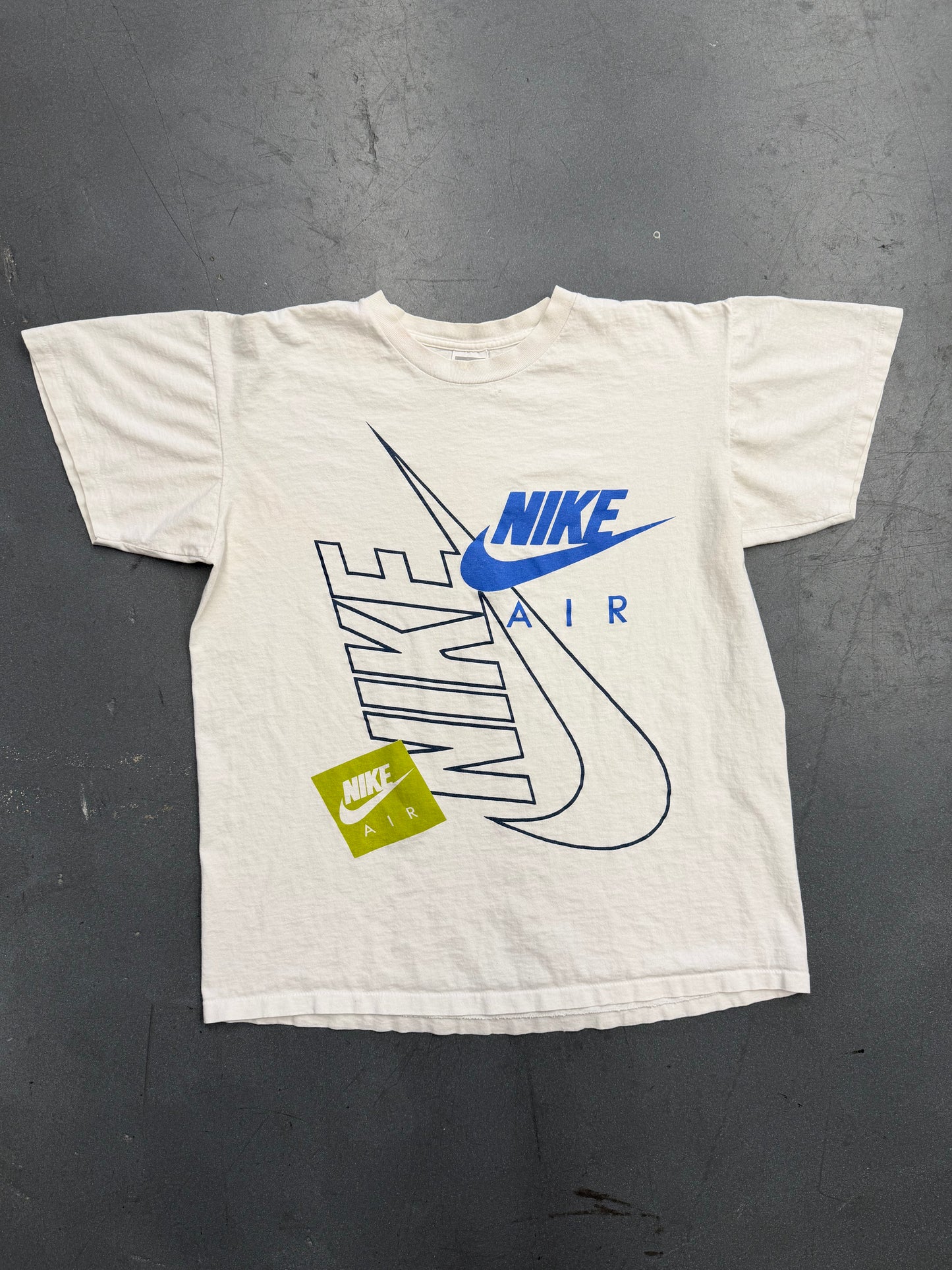 90S NIKE AIR LIGHT BLUE + GREEN MULTI LOGO TEE (GREY/RED/WHITE TAG)