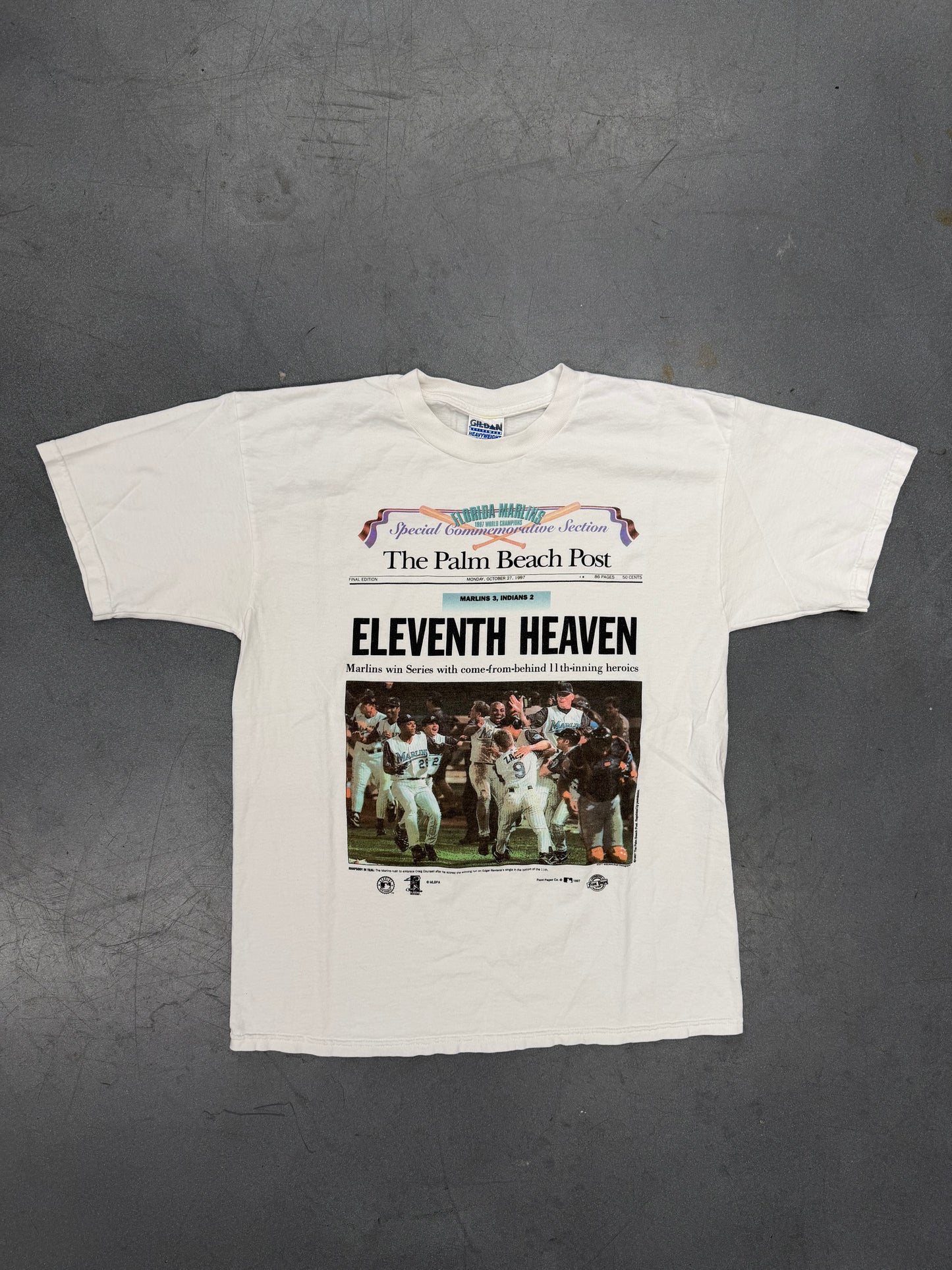 1997 FLORIDA MARLINS THE PALM BEACH POST ELEVENTH HEAVEN NEWSPAPER SHIRT (GILDAN ACTIVEWEAR TAG)
