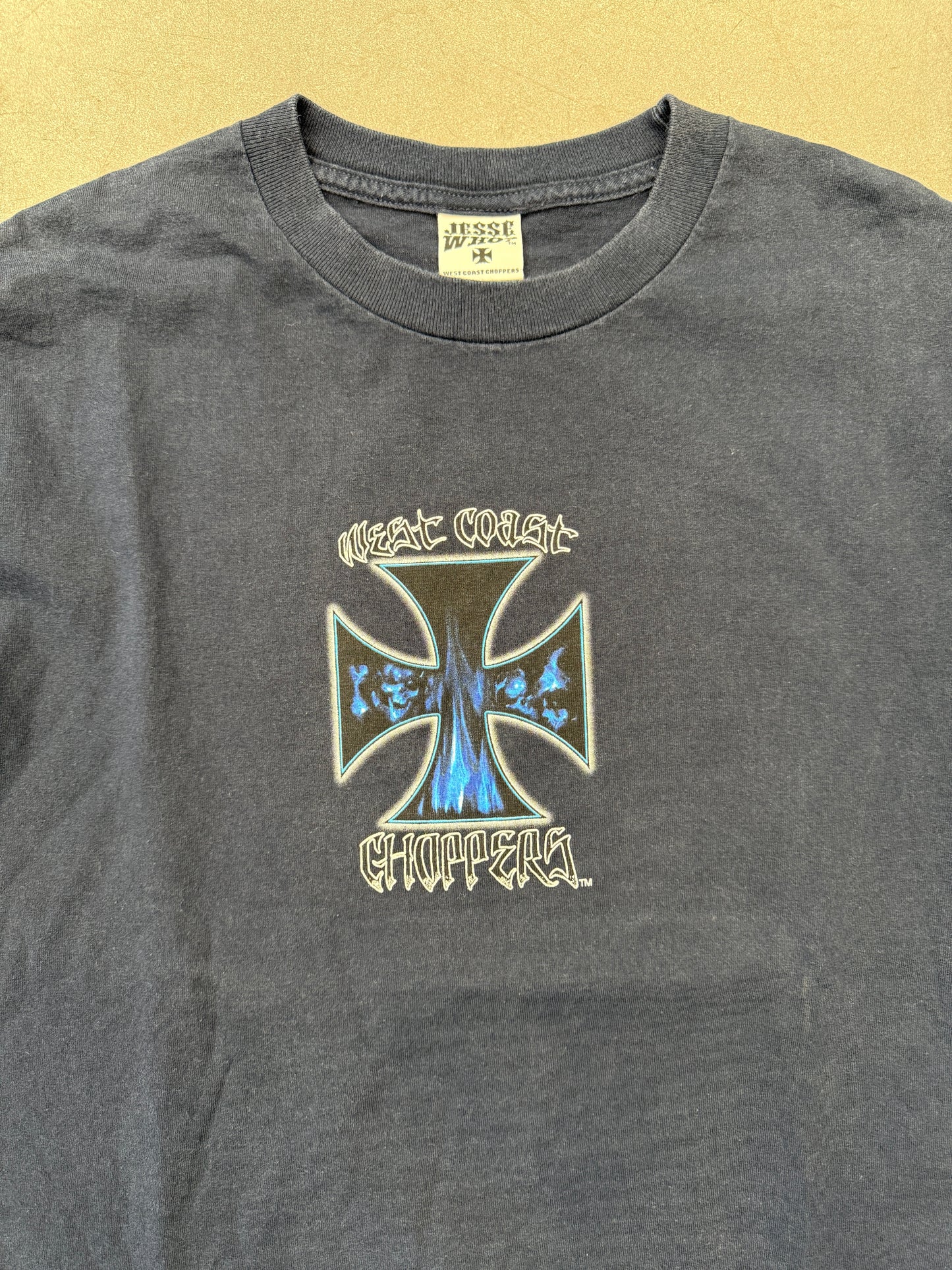 Y2K WEST COAST CHOPPERS SKULLS IRON CROSS LOGO BLUE BIKE MULLET TEE (JESSE WHO? TAG)