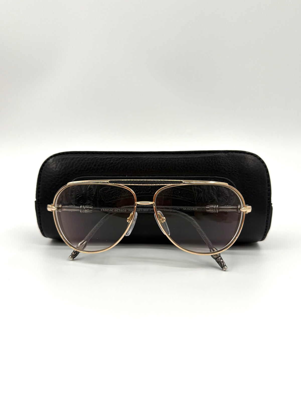 CHROME HEARTS 'MUNCHER' LEATHER HANDLES EYEGLASSES (PRE-OWNED W/ CASE)