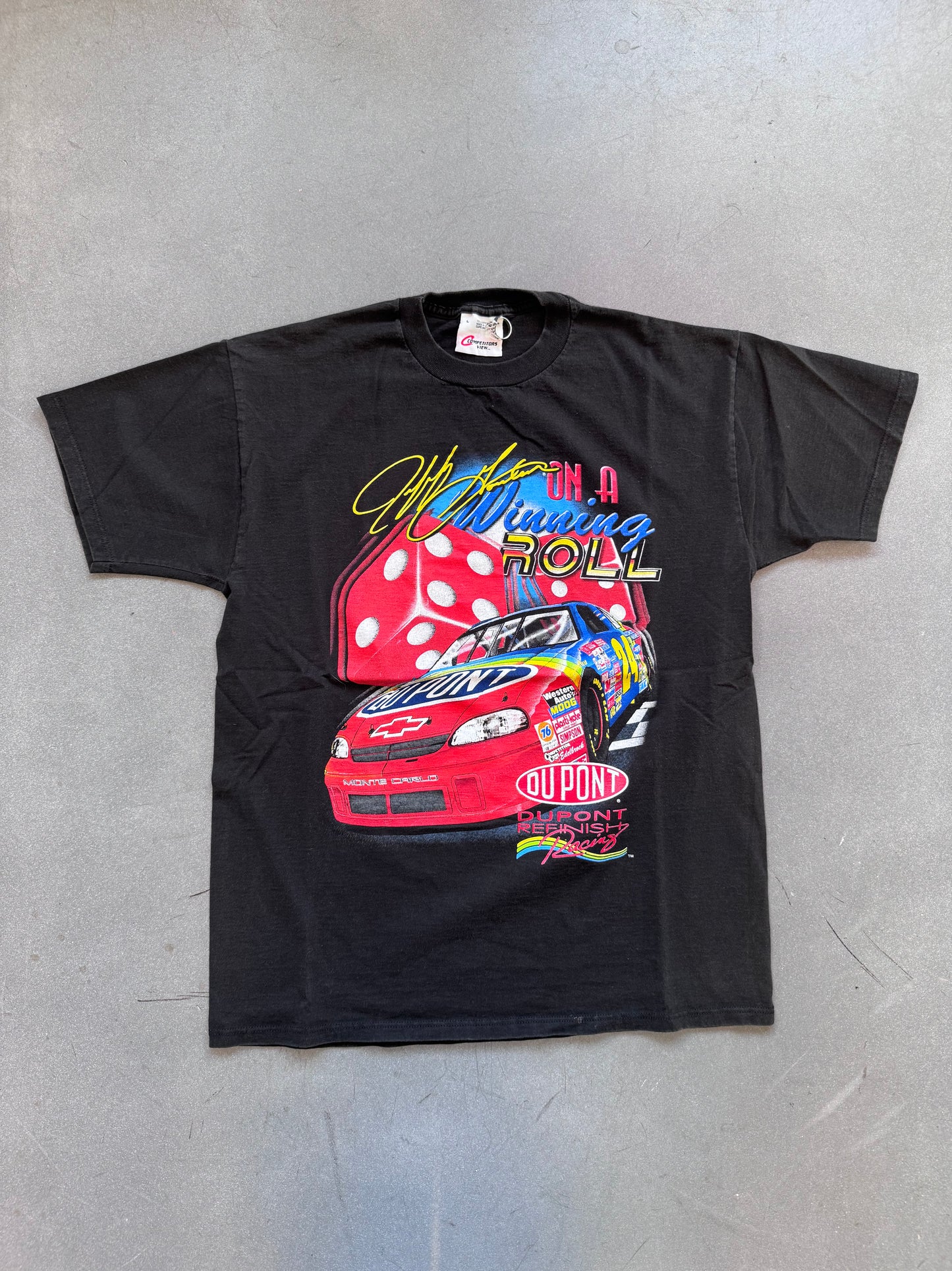 1998 JEFF GORDON ON A WINNING ROLL DUPONT 24 NASCAR "NOTHIN' LUCKY ABOUT IT" TEE (SALEM TAG)