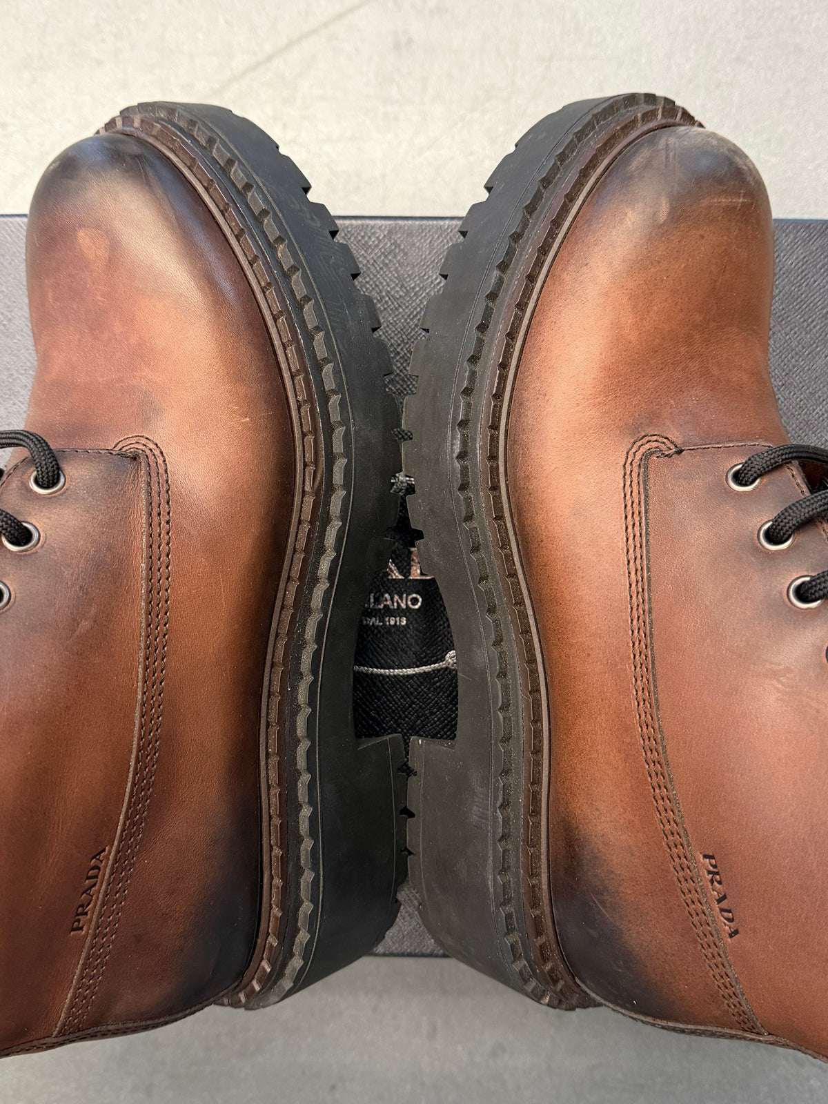 PRADA CALZATURE UOMO BROWN LEATHER WORK BOOTS (W/BOX)