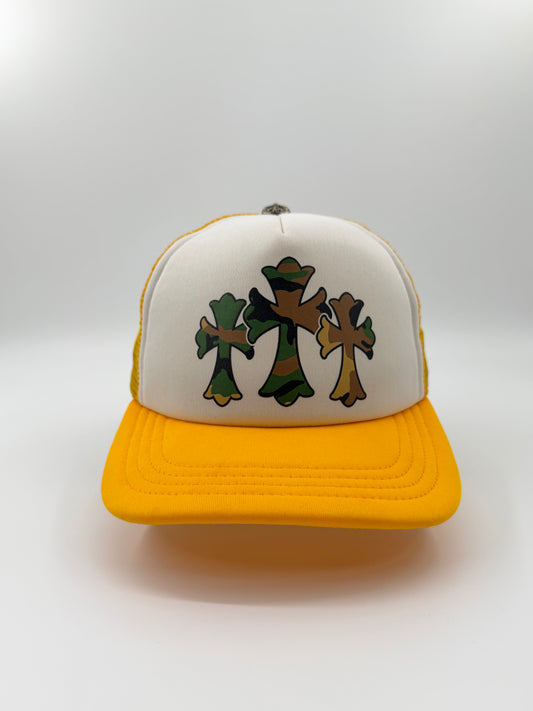 CHROME HEARTS CAMO TRIPLE CROSS TRUCKER HAT - YELLOW
