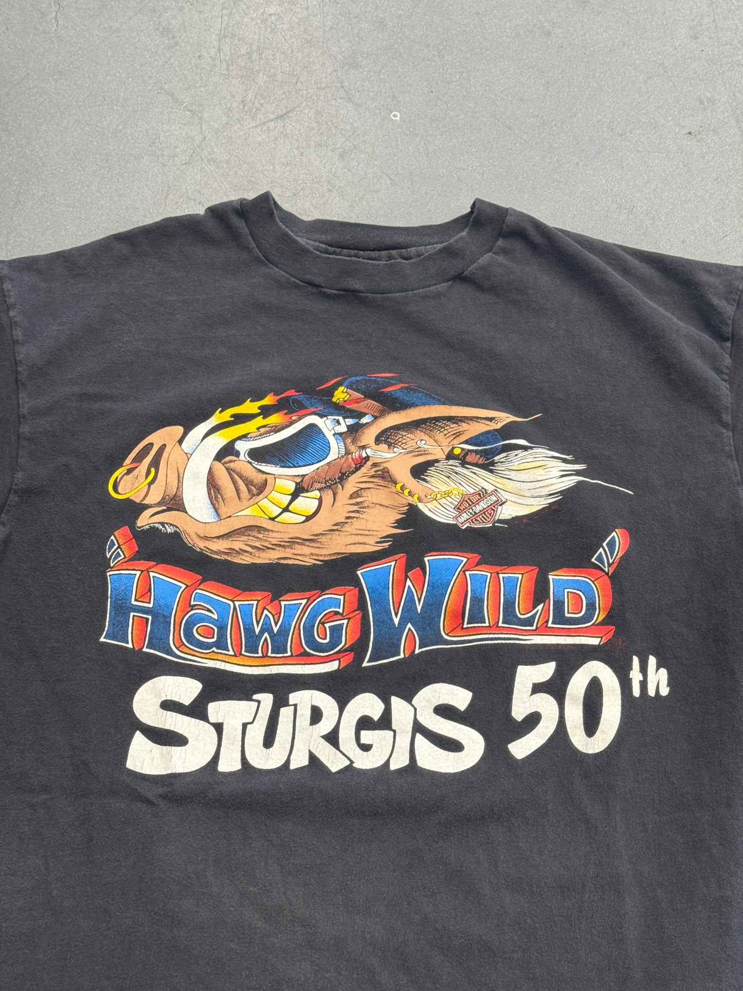 1988 RAPID CITY, S.D. HAWGS WILD STURGIS 50TH ANNIVERSARY TEE (HANES BEEFY TAG)