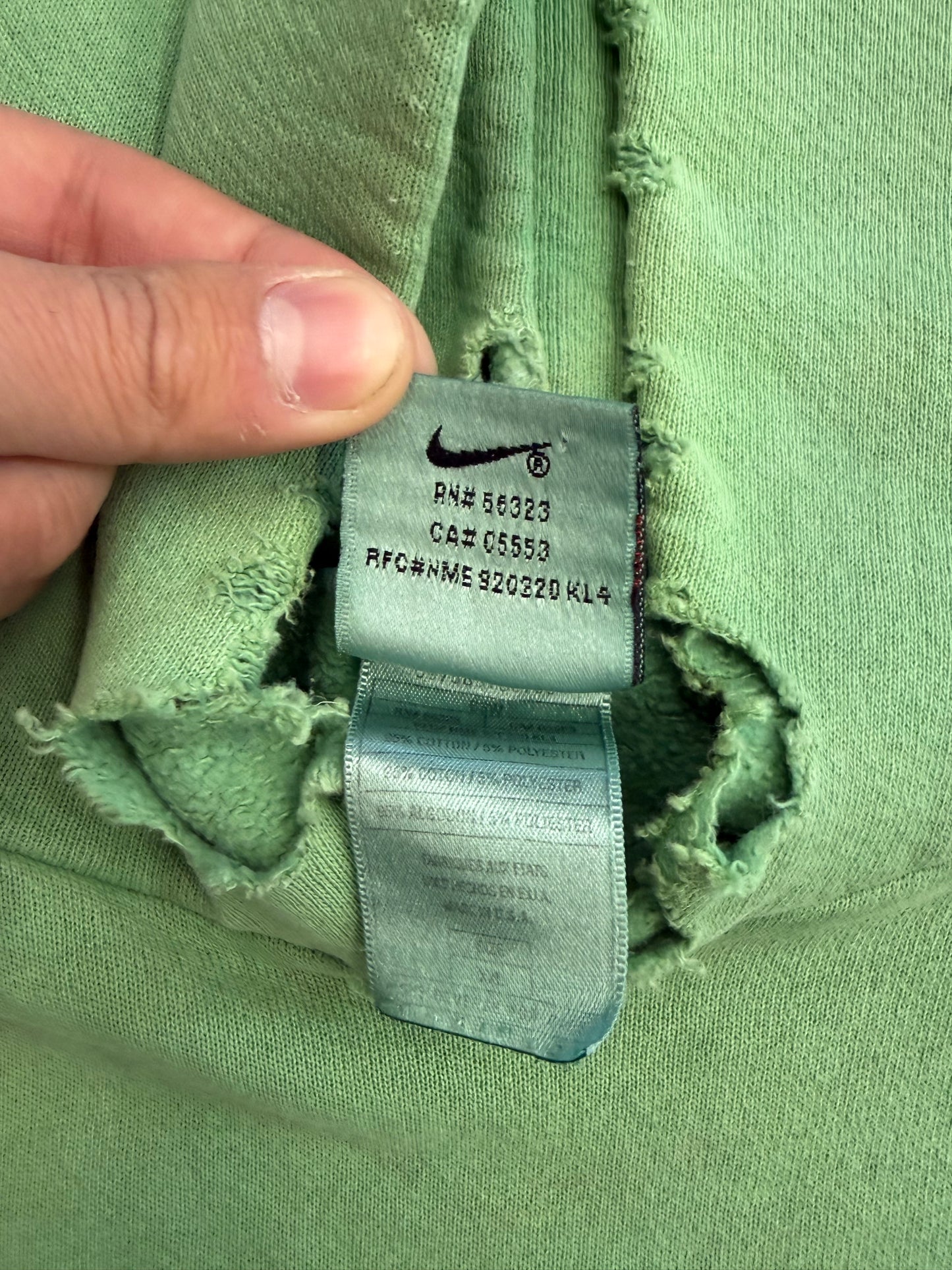 90S DISTRESSED NIKE SIDE SWOOSH PULLOVER HOODIE - GREEN OVER-DYED (NIKE RED SWOOSH TAG)