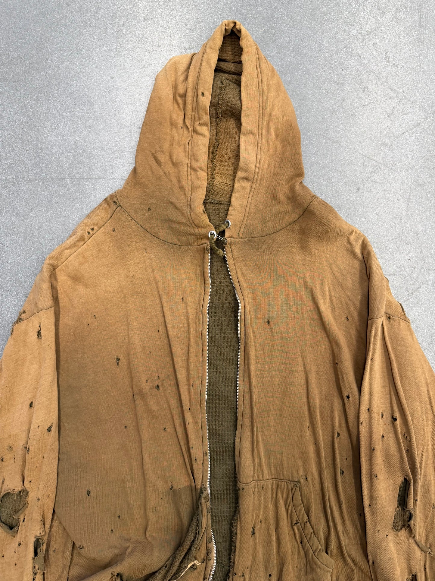1950'S THRASHED SELVEDGED WAFFLE LINE ZIP UP HOODIE