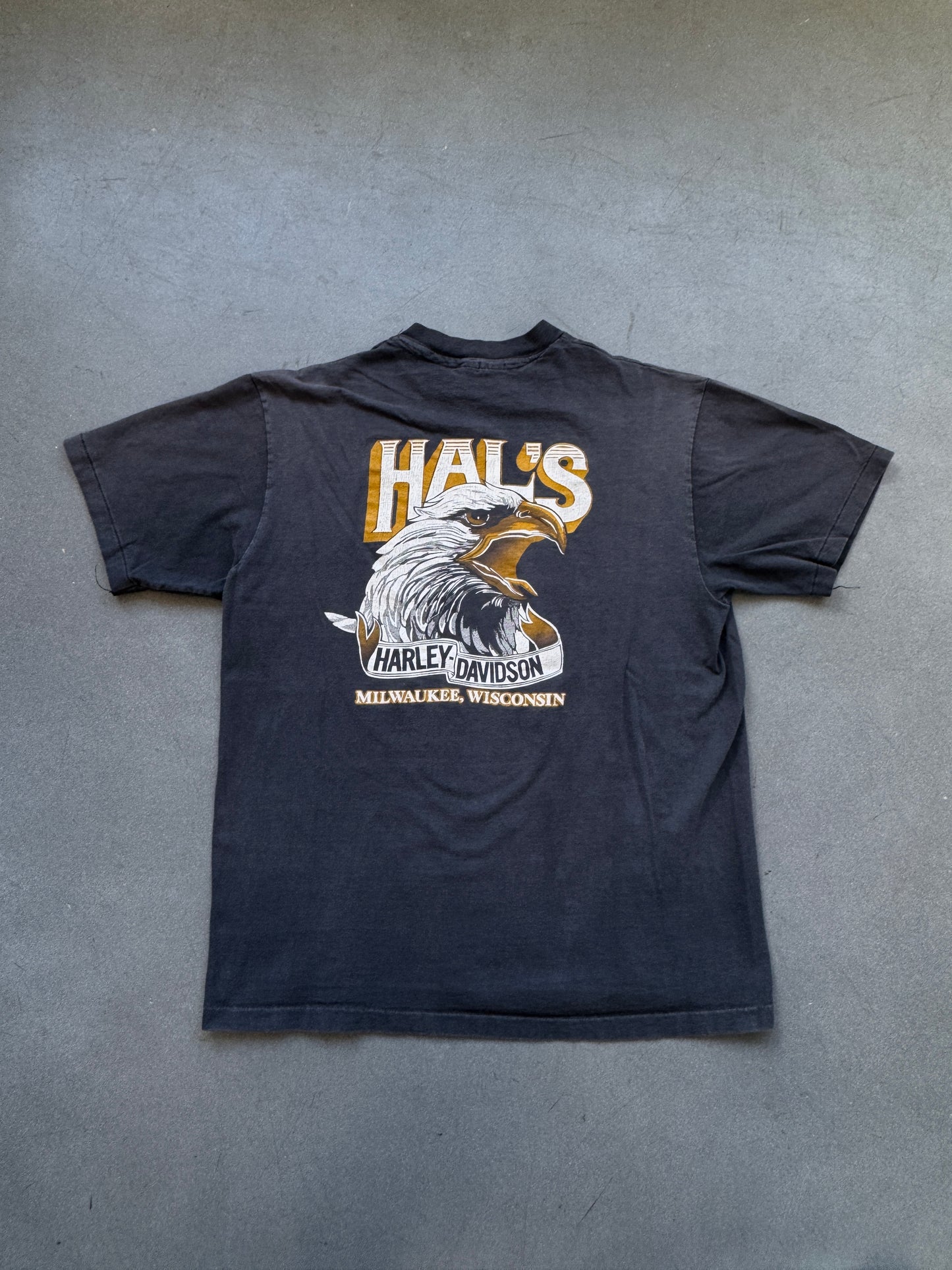 90'S HAL'S HARLEY DAVIDSON MILWAUKEE, WISCONSIN JAPANESE MOTORCYCLE POLISH TEE (HANES TAG)